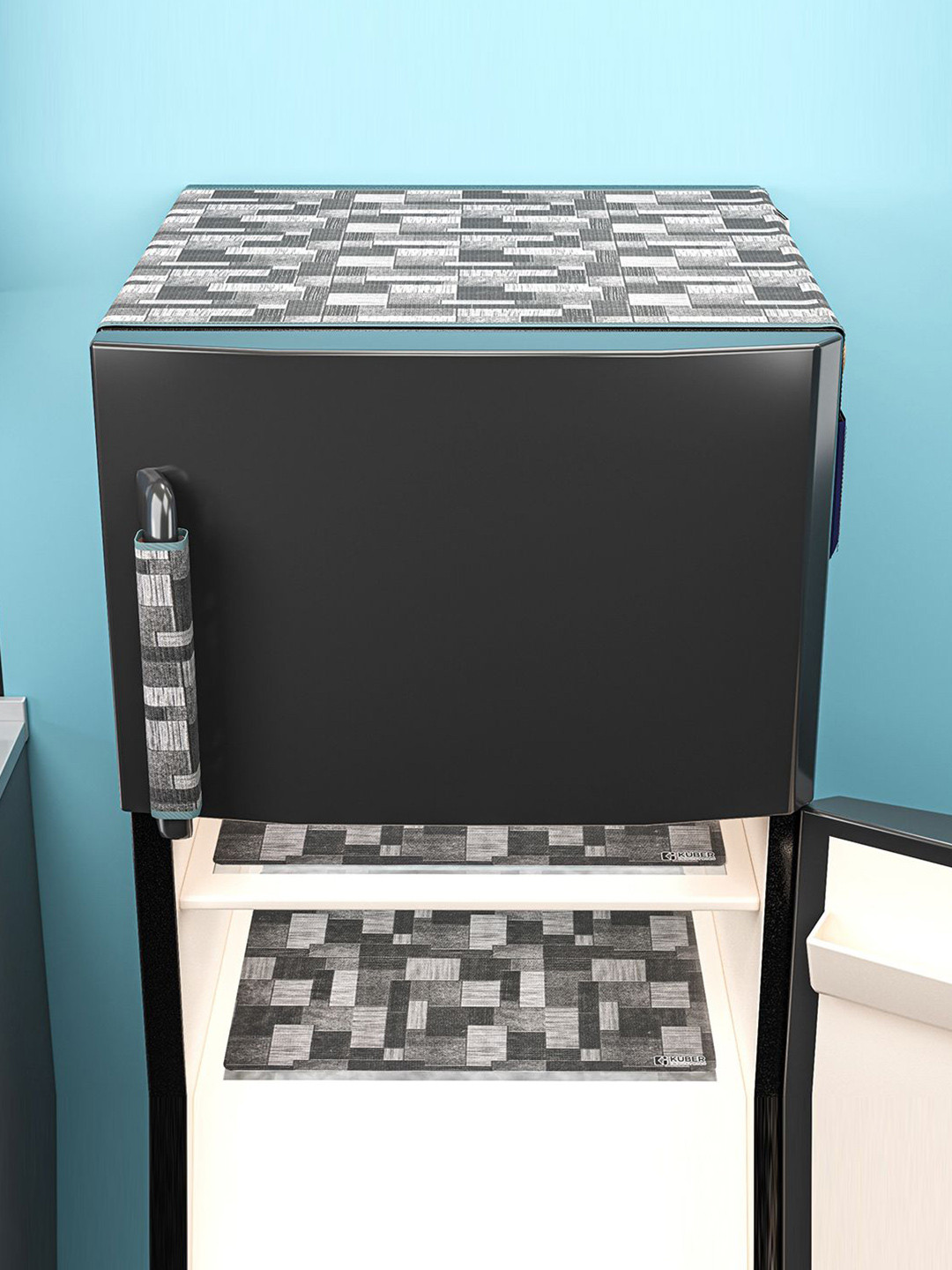 Kuber Industries Grey & White 3 Pieces Checkered Water-Resistant Refrigerator Covers