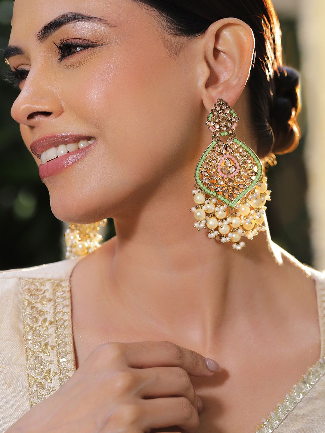 Rubans 18K Gold-Plated Pastel Green Kundan & Glossy Off-White Pearl Beaded Long Chandelier