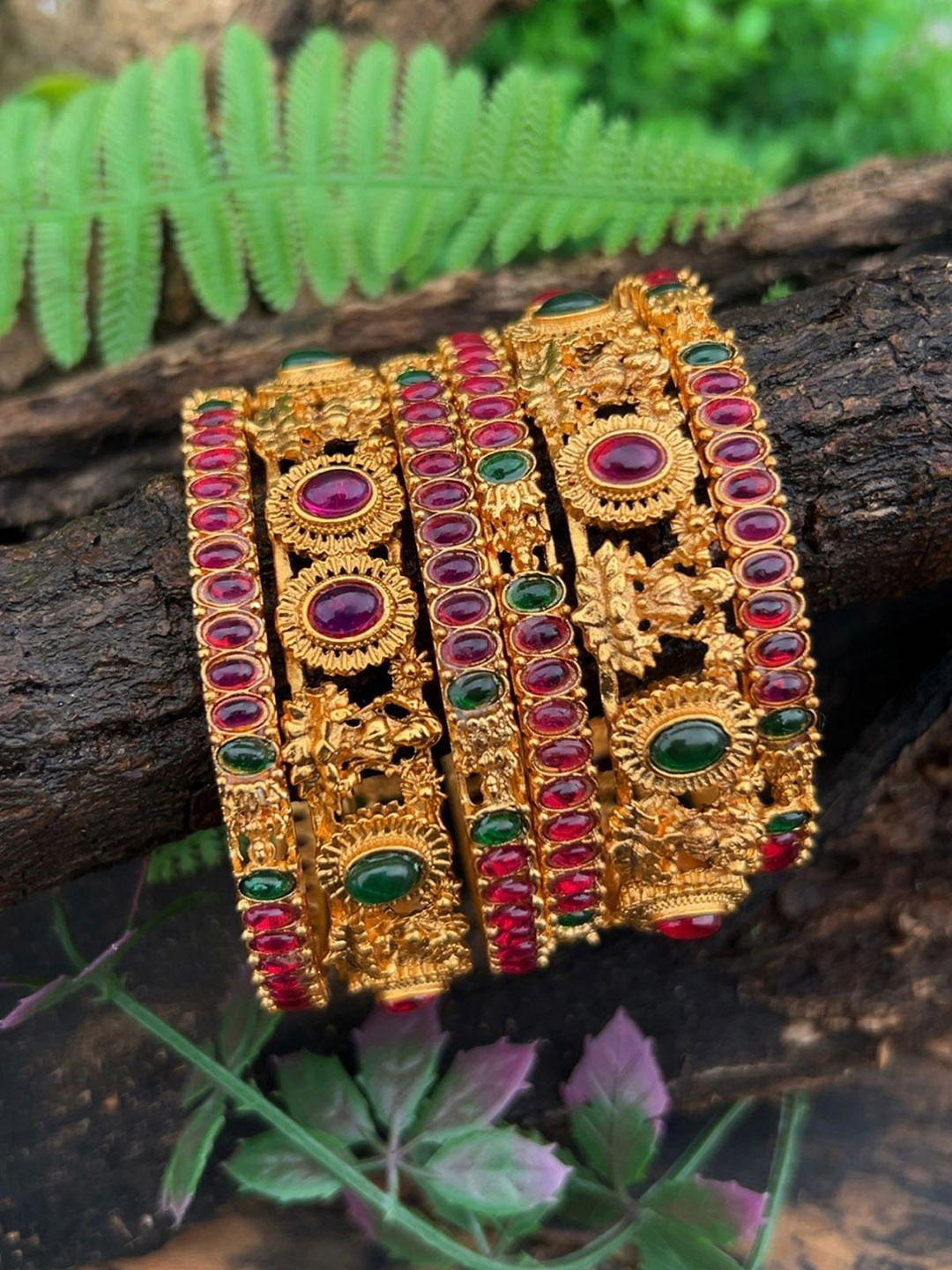 GRIIHAM Set Of 6 Gold-Plated American Diamond Studded Temple Bangles