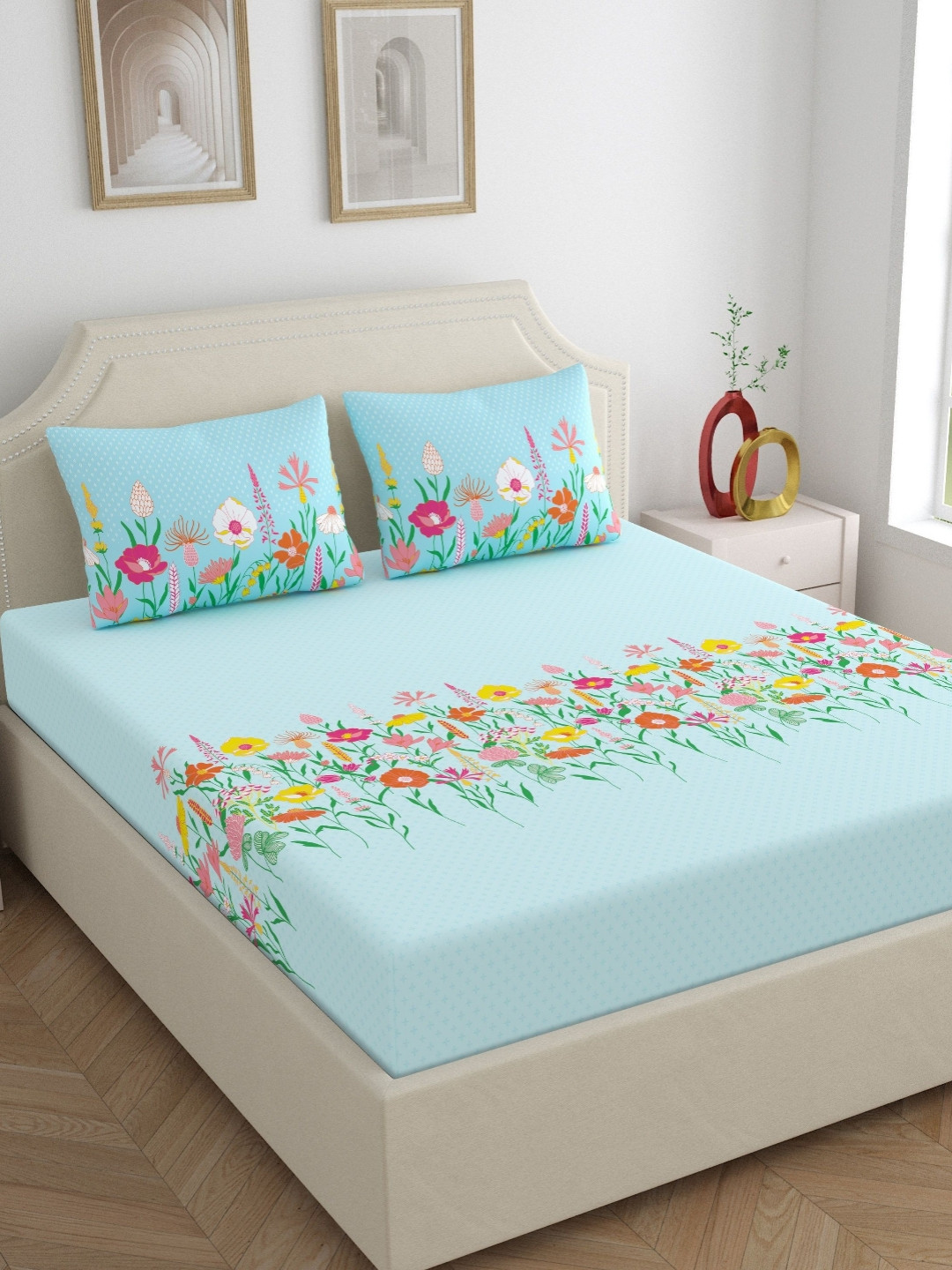 Home Ecstasy Blue & Green Floral 140 TC Queen Bedsheet Set 2.20 m X 2.34 m