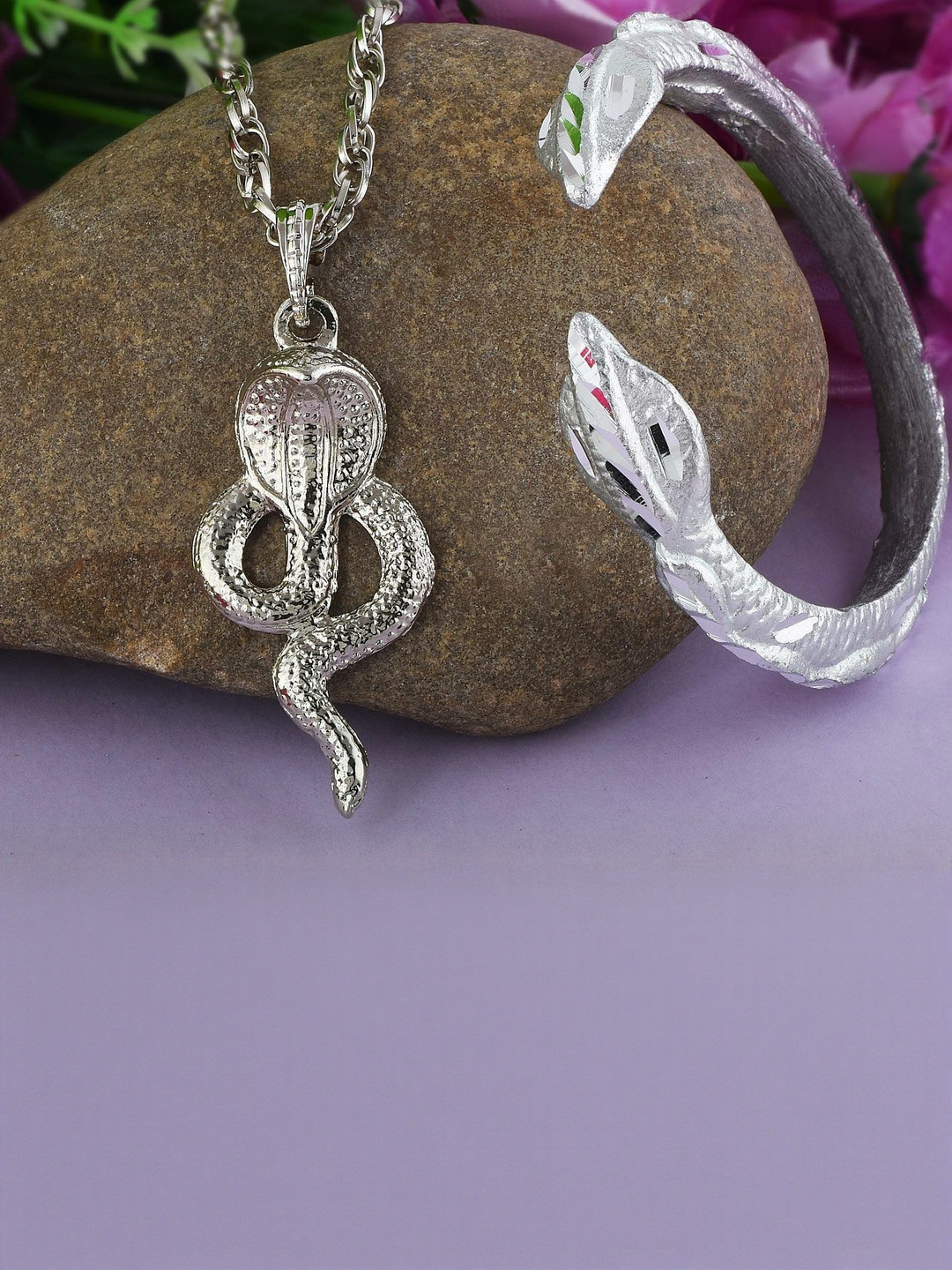 Missmister Unisex Combo Of Brass Silver-Plated Snake Pendant And Kada