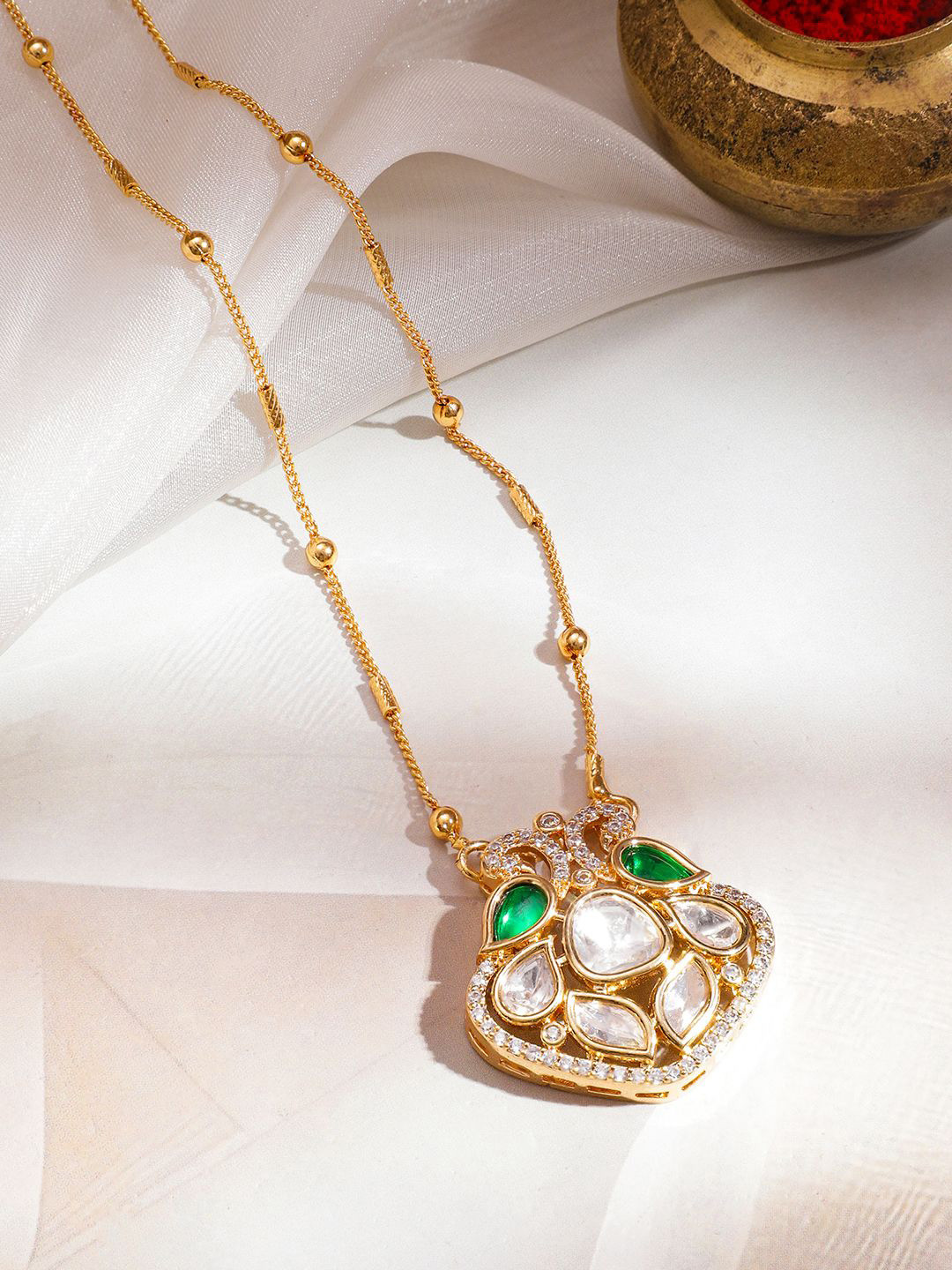 Rubans 18K Gold-Plated Green & White Kundan and Cubic Zirconia Pendant Necklace
