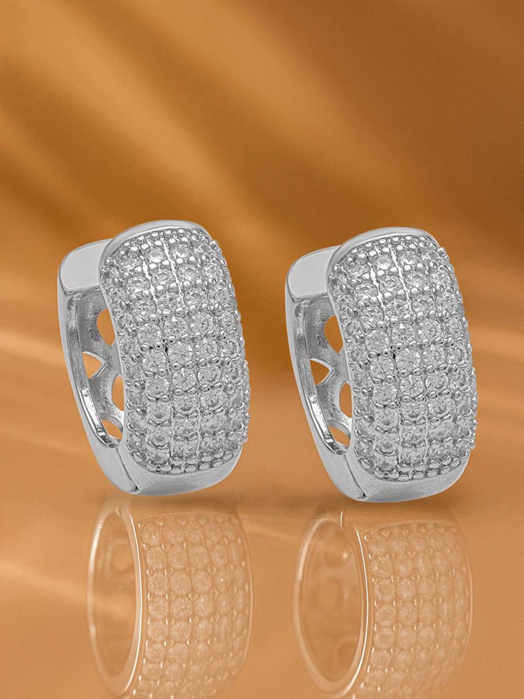 Rubans Rhodium-Plated Sparkling Cubic Zirconia Studded Wide Half-Hoop Earrings