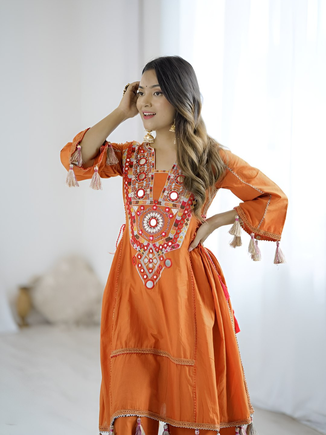 Mahathya Ethnic Motifs Embroidered Layered Mirror Work Kurta With Palazzos