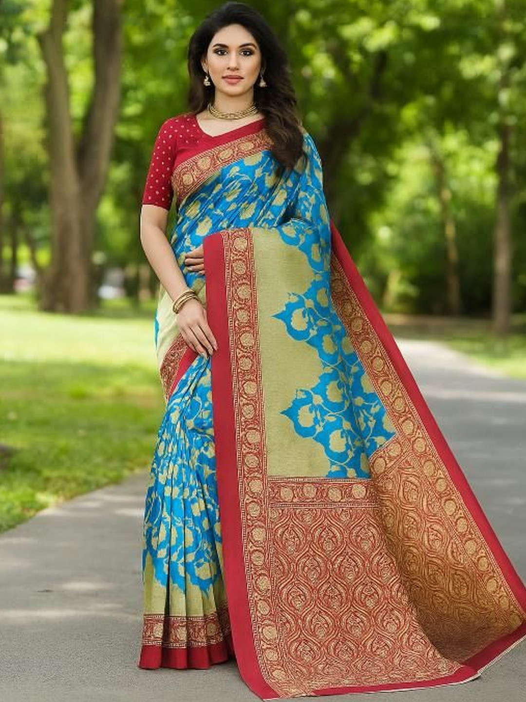 Moda Rapido Women Blue & Red Printed Border Silk Saree