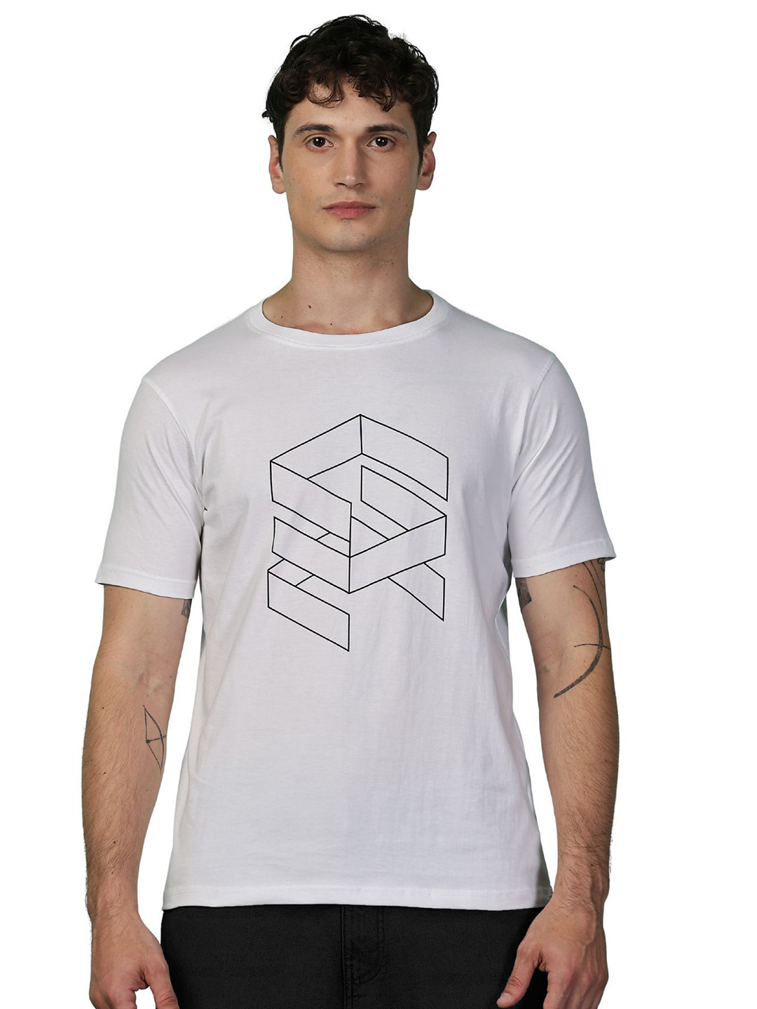 Y.O.U Men Bio Finish Geometric Printed Round Neck Cotton T-shirt