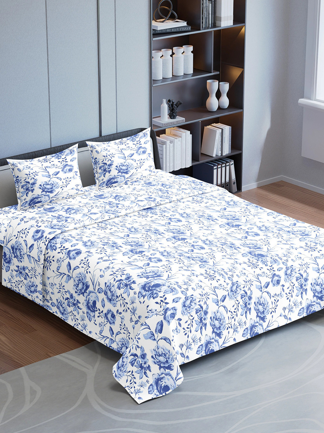 Synergized Cotton Horizon Blooms White Floral Cotton Breathable 220 TC King Superfine Bedsheet with 2 Pillow Covers-108 x 108 inches