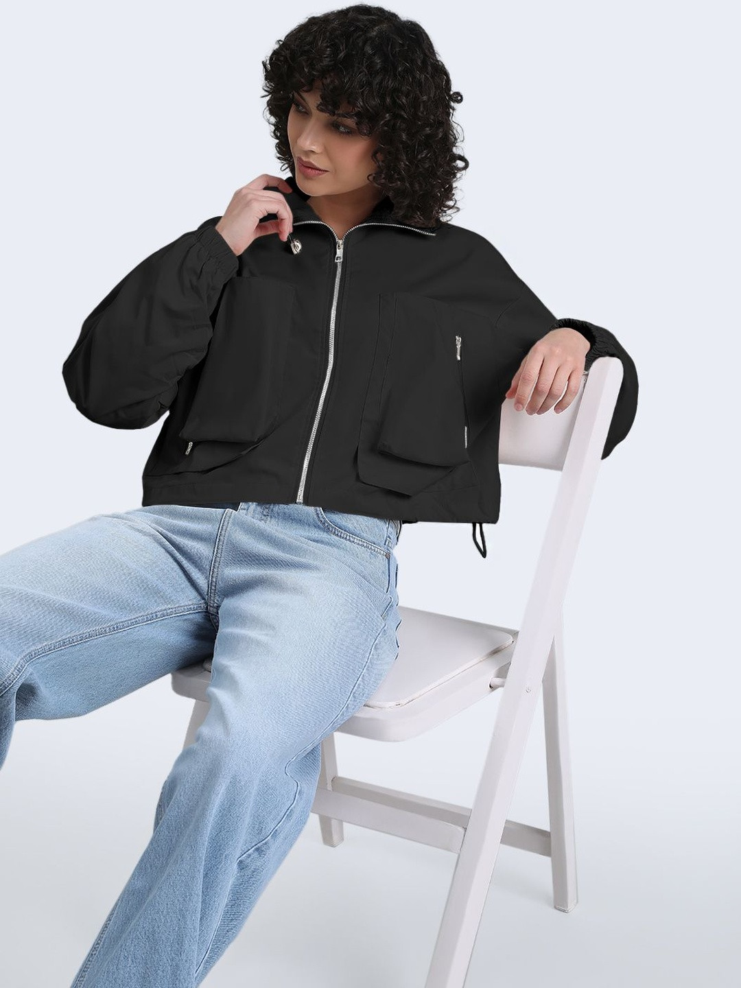 SHOWOFF Women Black Stand Collar Windcheater Nylon Bomber Jacket