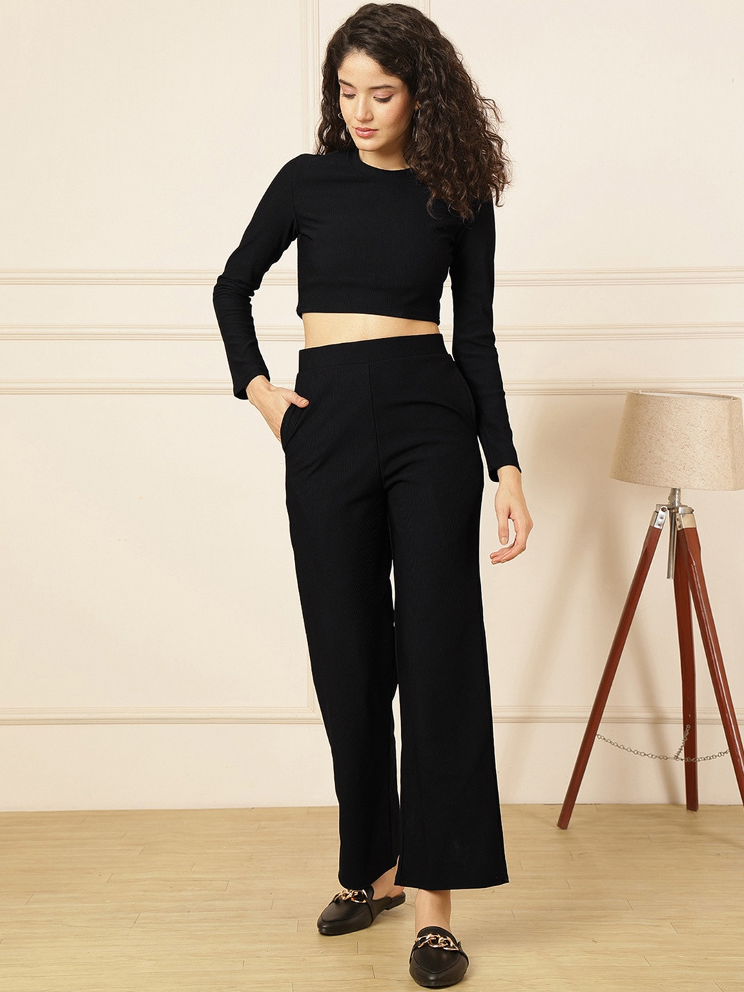 SZN Women Solid Black Casual Co-Ord Set with Crop Top and Trouser