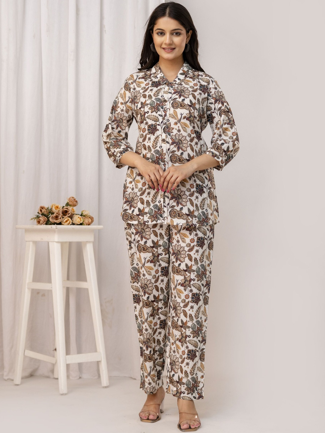 Anouk Women Off White & Brown Floral Printed Shawl Neck Cotton Shirt & Trouser Co-Ords
