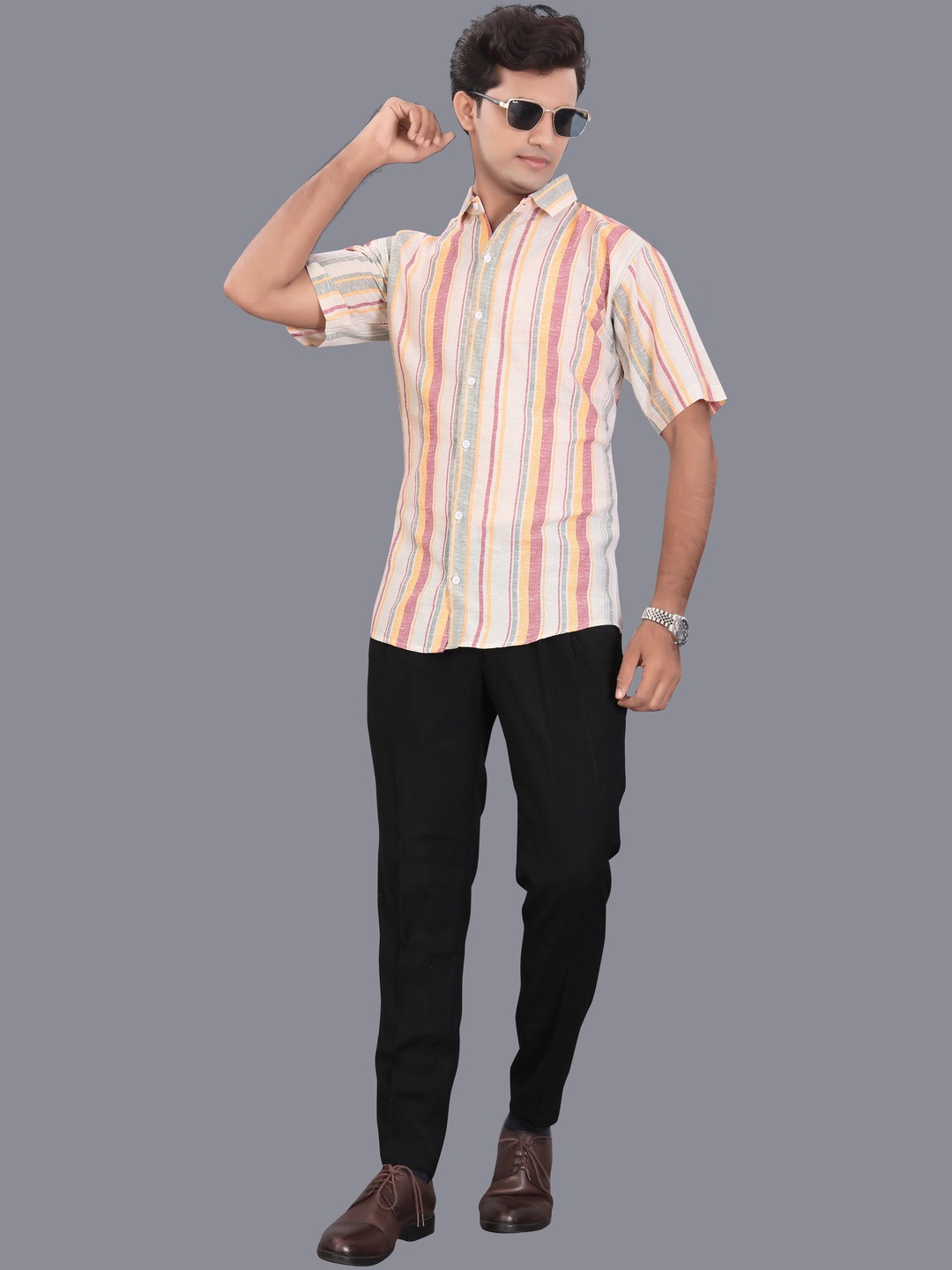 Alankrit Men Pink & Peach Striped Spread Collar Short Sleeves Cotton Shirt