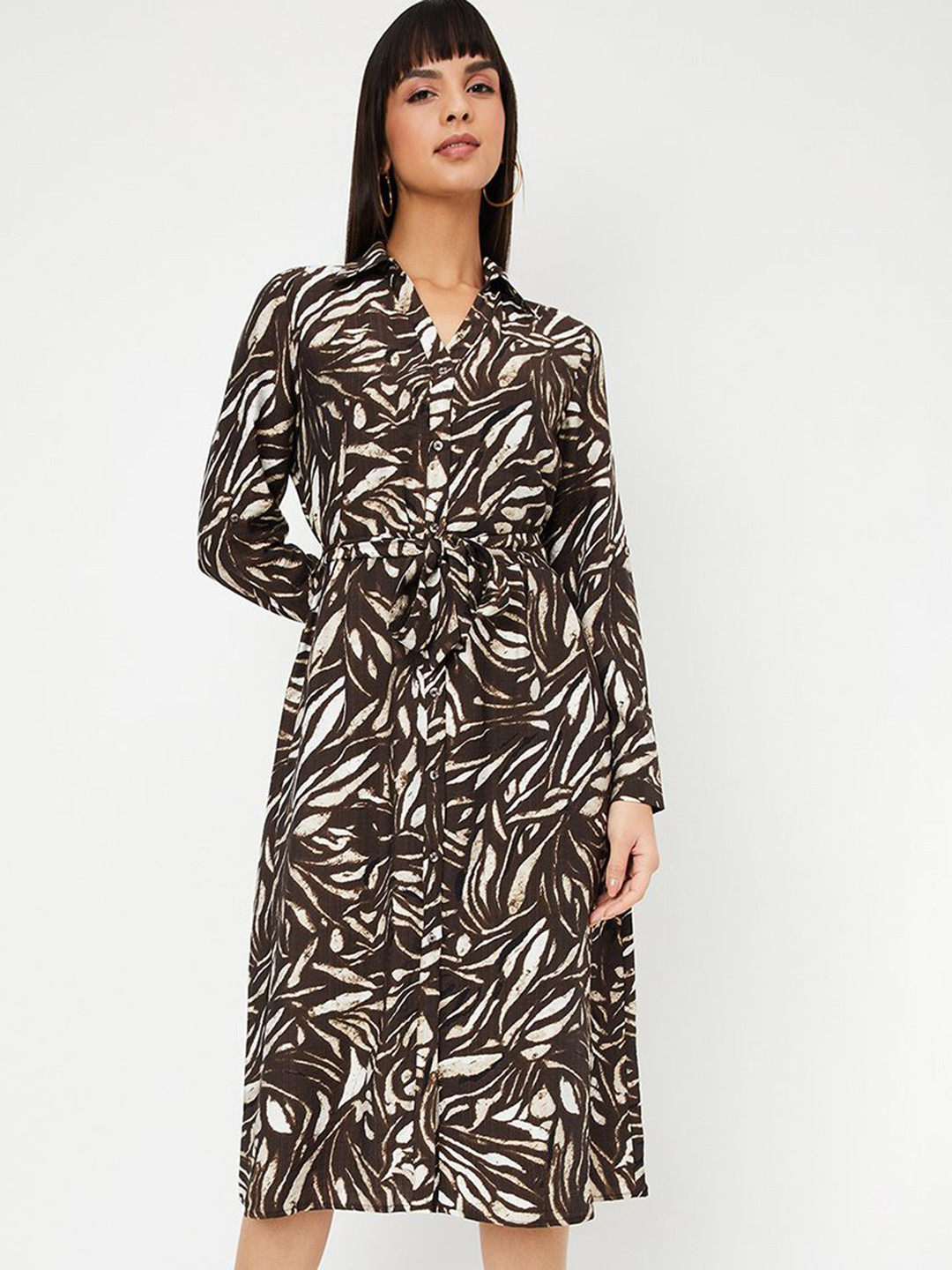 max Women Abstract Printed Tie-Ups Long Sleeves Shirt Midi Dress