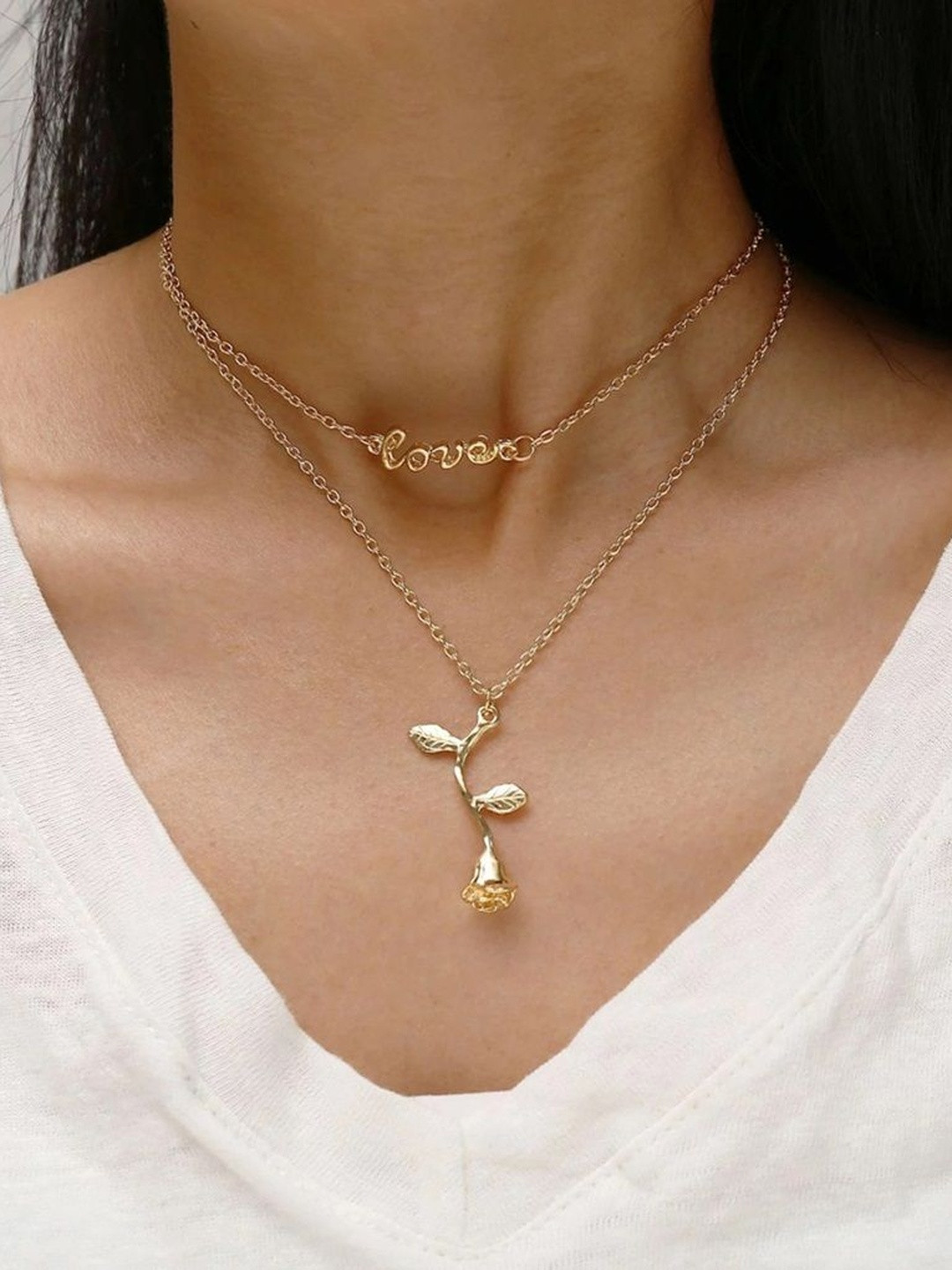 DressBerry Women Gold-Plated Double Layered Rose Love Word Pendant Necklace