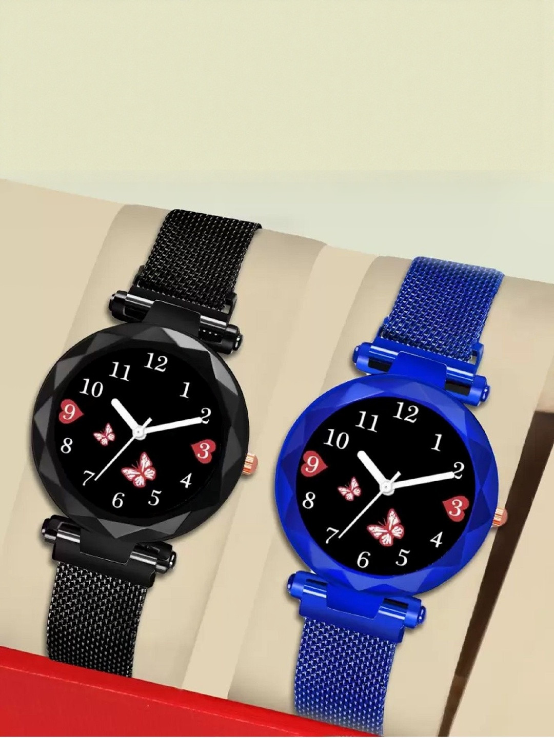 LAKSH Unisex Pack of 2 Dial & Leather Straps Analogue Watches Mag Flower BLK+BlueWS