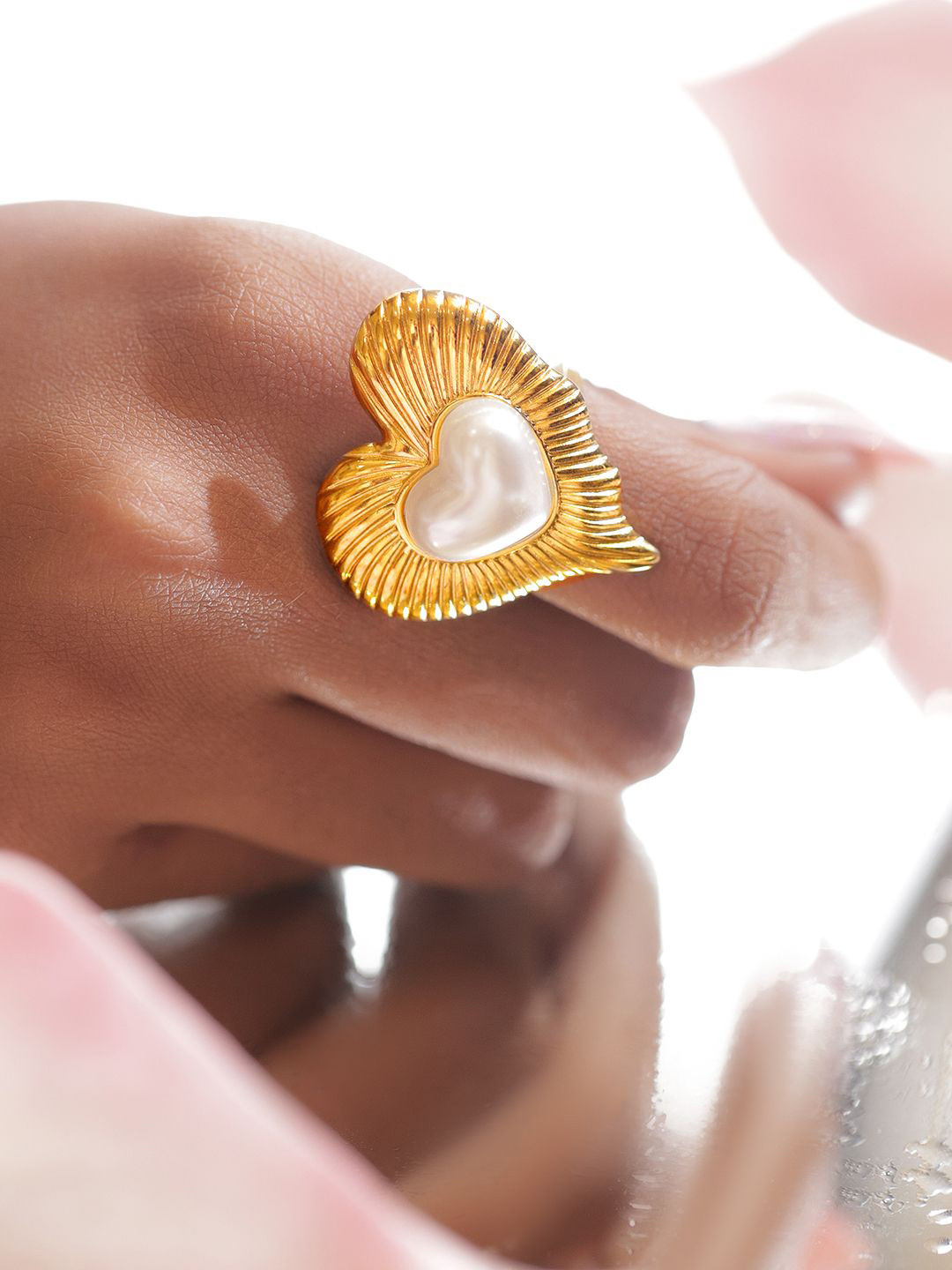 Rubans 18K Gold-Plated Stainless Steel Tarnish-Free Waterproof Pearl Heart Statement Ring
