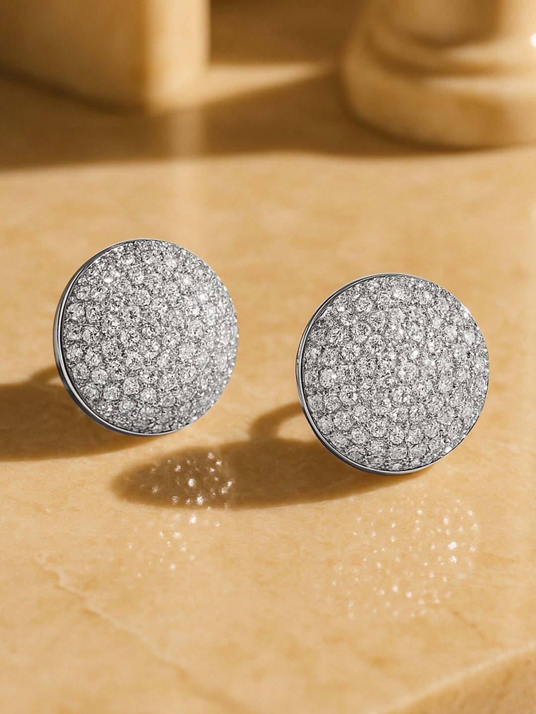 Rubans Rhodium-Plated Sparkling Cubic Zirconia Studded Statement Round Stud Earrings