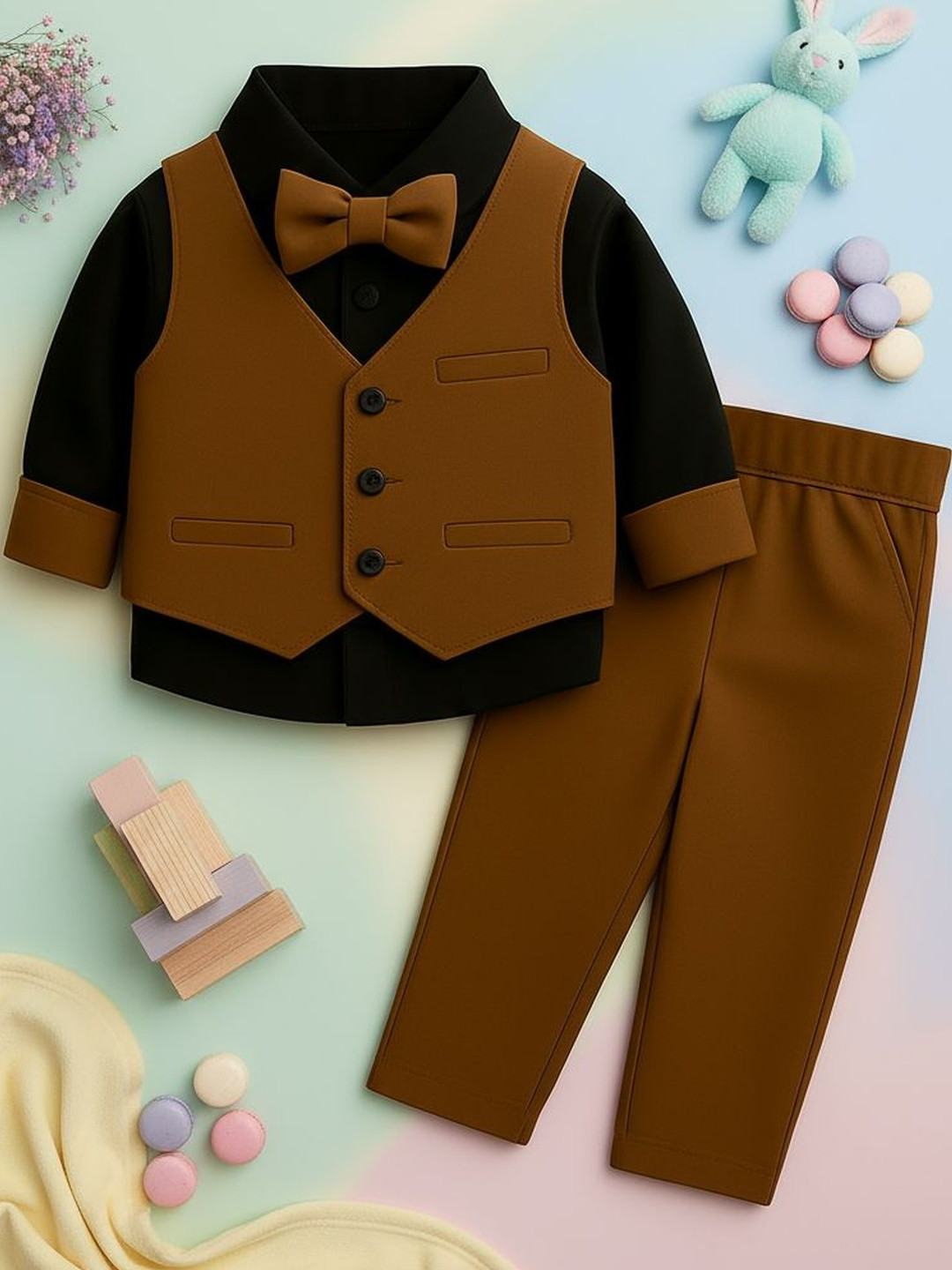 STINITY Boys Brown Pure Cotton Shirt Collar Solid Party Wear Suit Set with Bow Tie