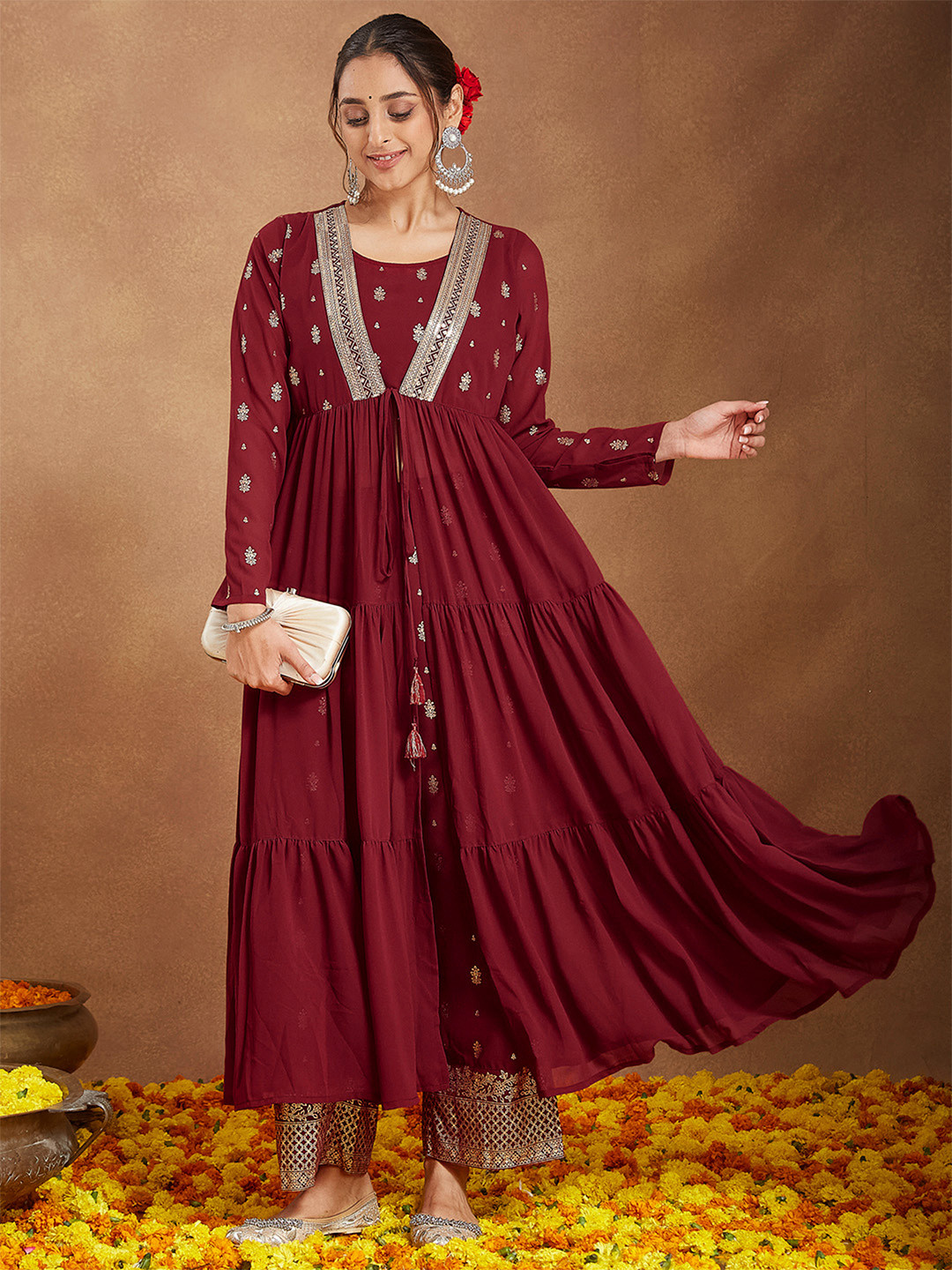 Janasya Women Maroon Georgette Embellished Gold Printed Front-Open Tiered Kurta Pant Set