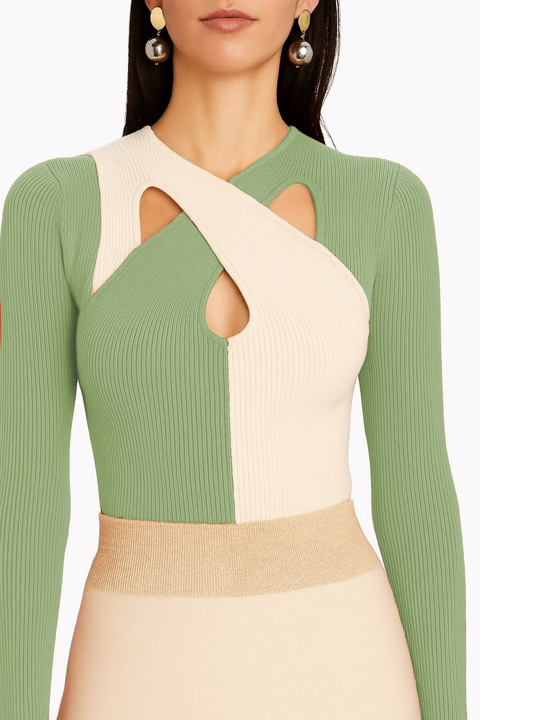 Pookiie Green and White Ribbed Cut Out Cotton Top