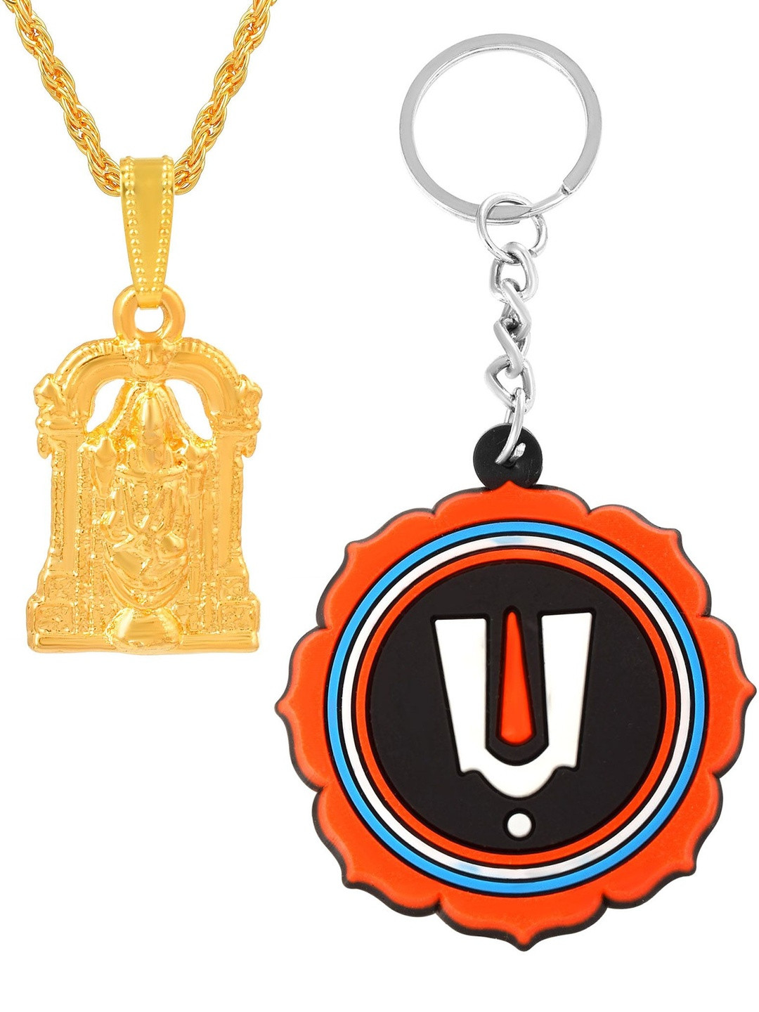 DZINETRENDZ Brass Gold-Plated Tirupati Balaji Pendant & PVC keychain