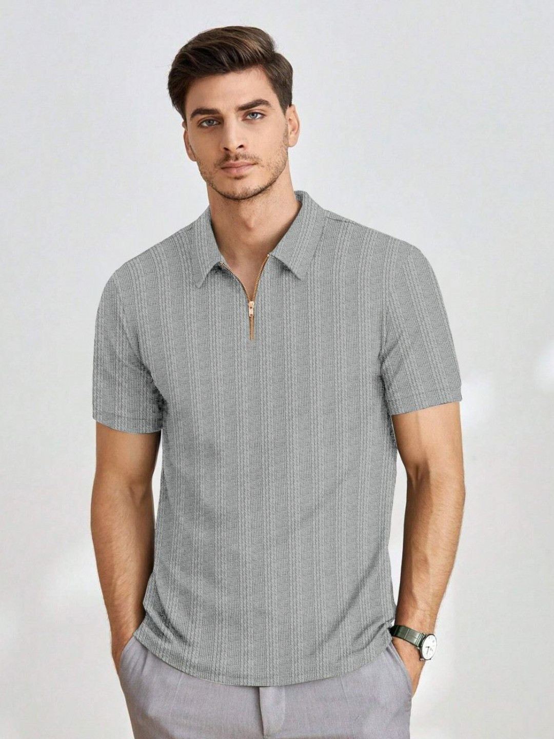 satyam fashion Self Design Polo Collar T-shirt