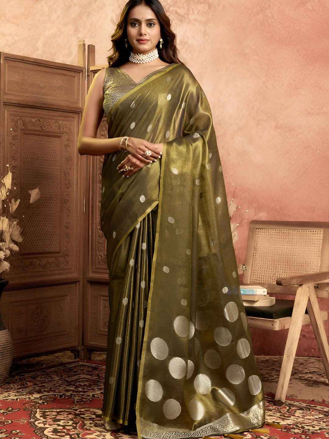 VASTRA-THE FACTORY STORE Women Polka Dot Woven Zari Tissue Saree