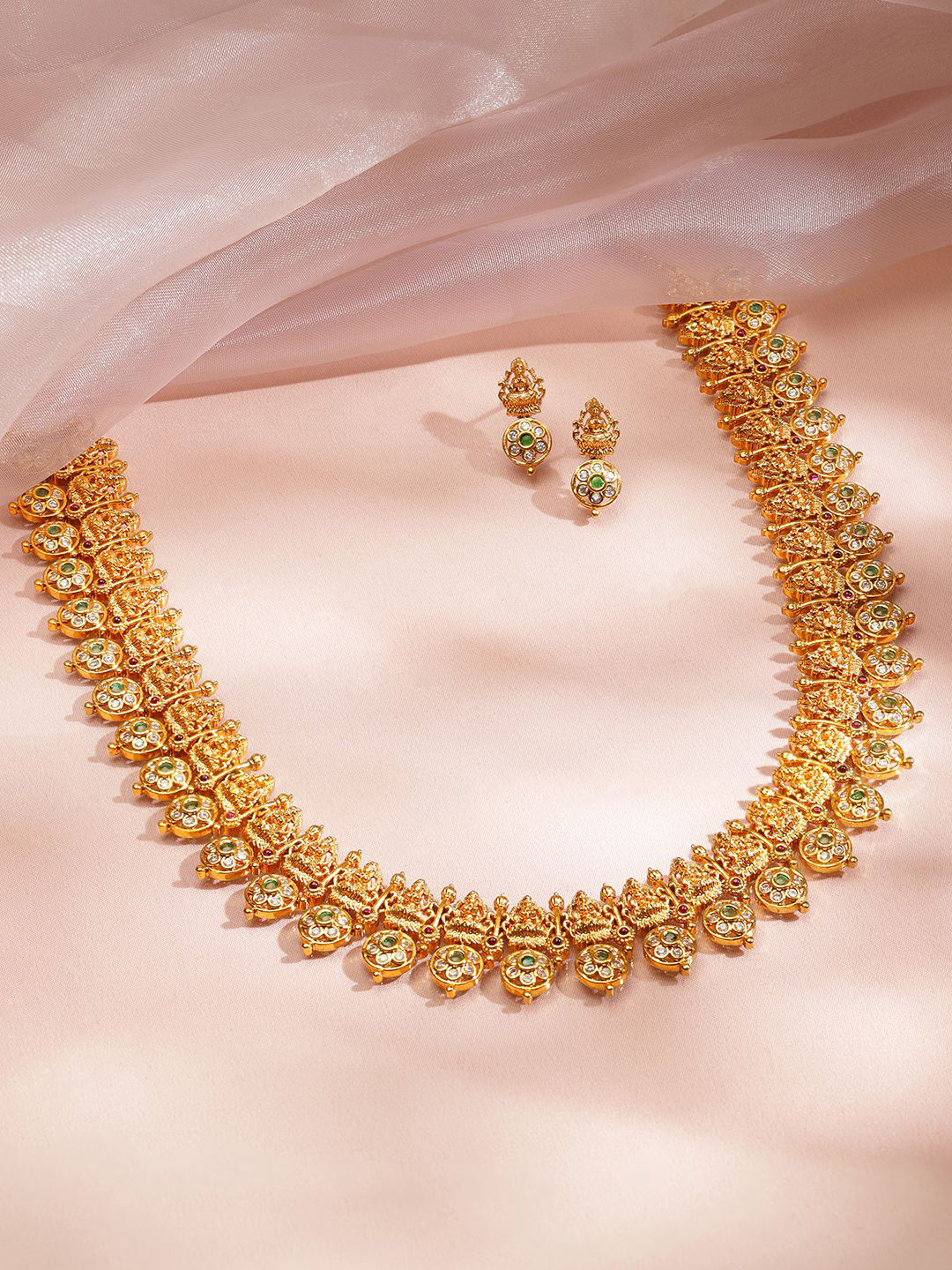Rubans 22K Gold-Plated White & Green Kundan Temple Floral Mid Length Brass Necklace Set