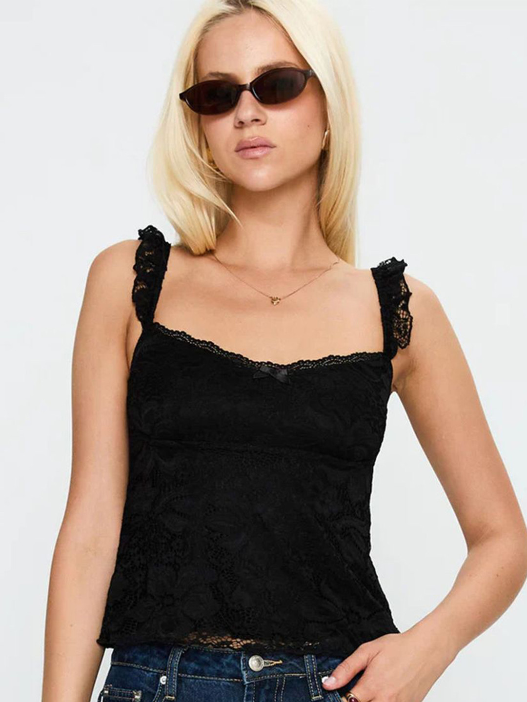 StyleCast Black Lace Crop Top with Square Neck