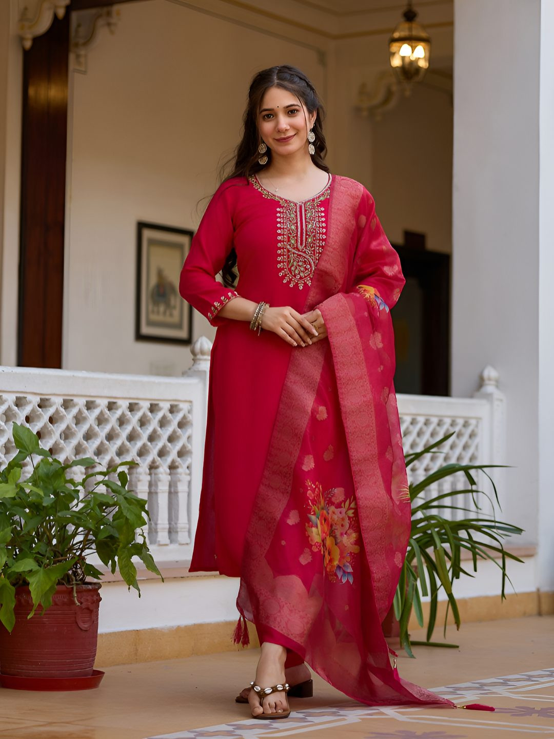 Divyadham Textiles Women Embroidered Beads & Stones Kurta with Trousers & Dupatta