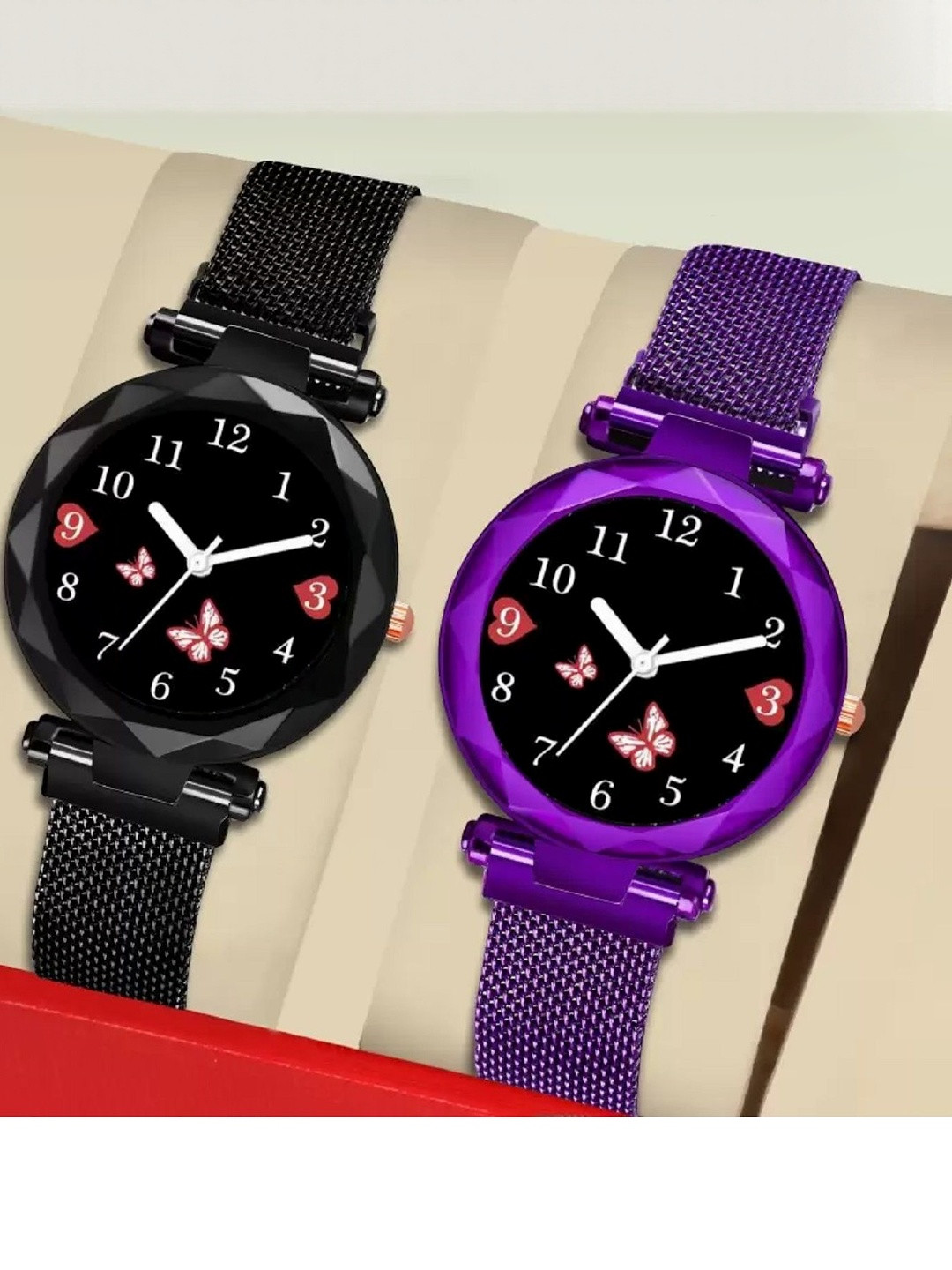 LAKSH Unisex Set of 2 Dial & Leather Straps Analogue Watch Mag Flower BLK+PurpleWS