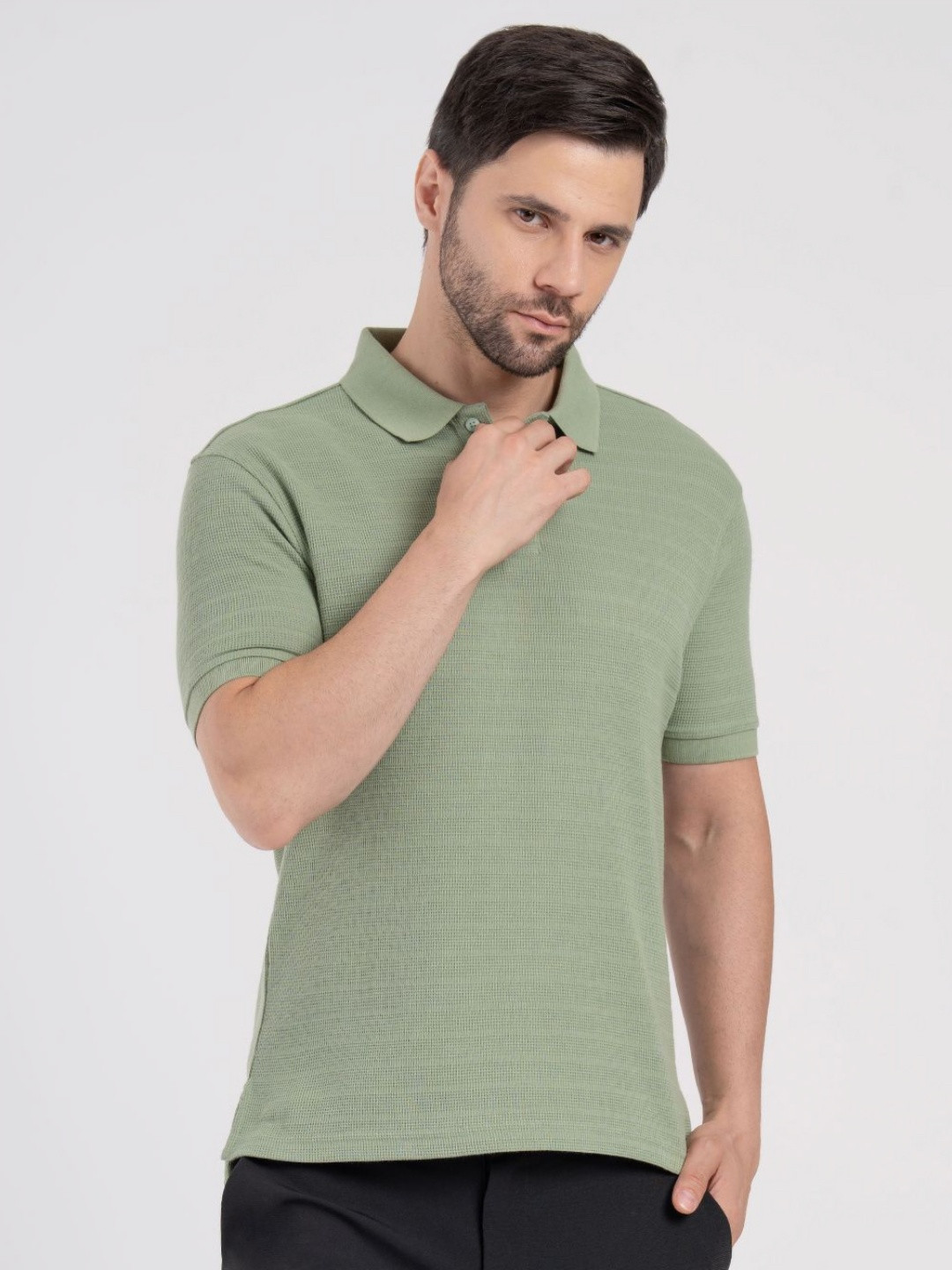 Red Tape Men Structured Self Design Polo Collar T-shirt