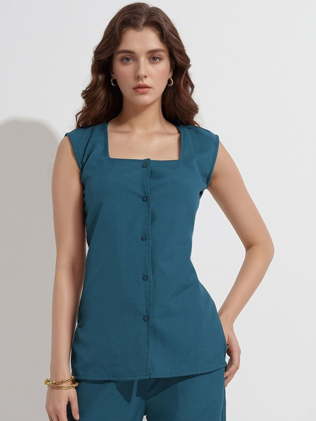 DressBerry Women Teal Square Neck Long Waistcoat
