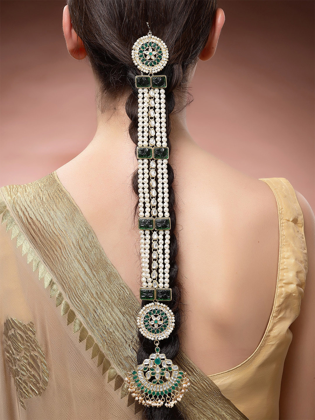 KARATCART Women Green Carved Stone Studded Kundan Bridal Wedding Hair Braid Choti
