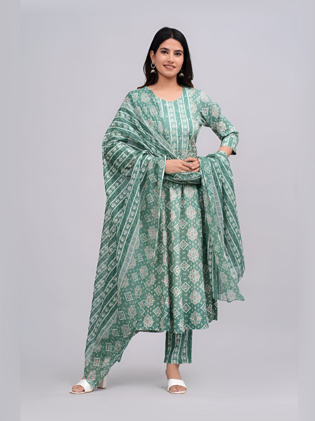 HARIYALI Women Ethnic Motifs Printed A-Line Kurta with Trousers & Dupatta
