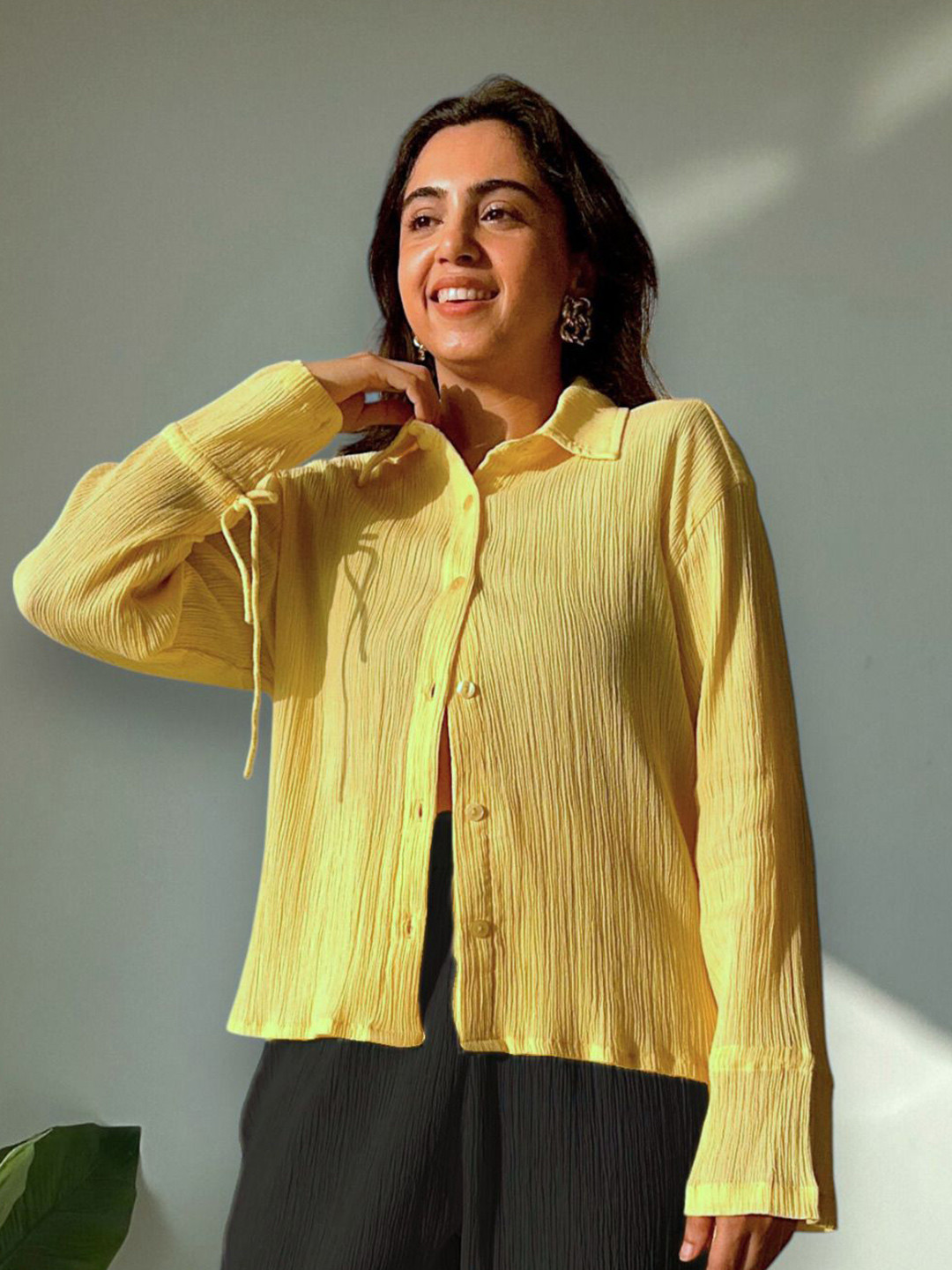 SPELL BY SMOKESHOW Women Comfort Oversized Fit Textured Spread Collar Cotton Casual Shirt