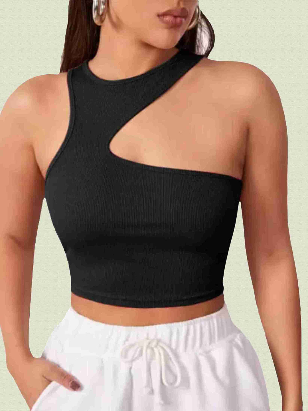 SSTAIR Women's Ribbed Cut Off Design Tank Crop Top