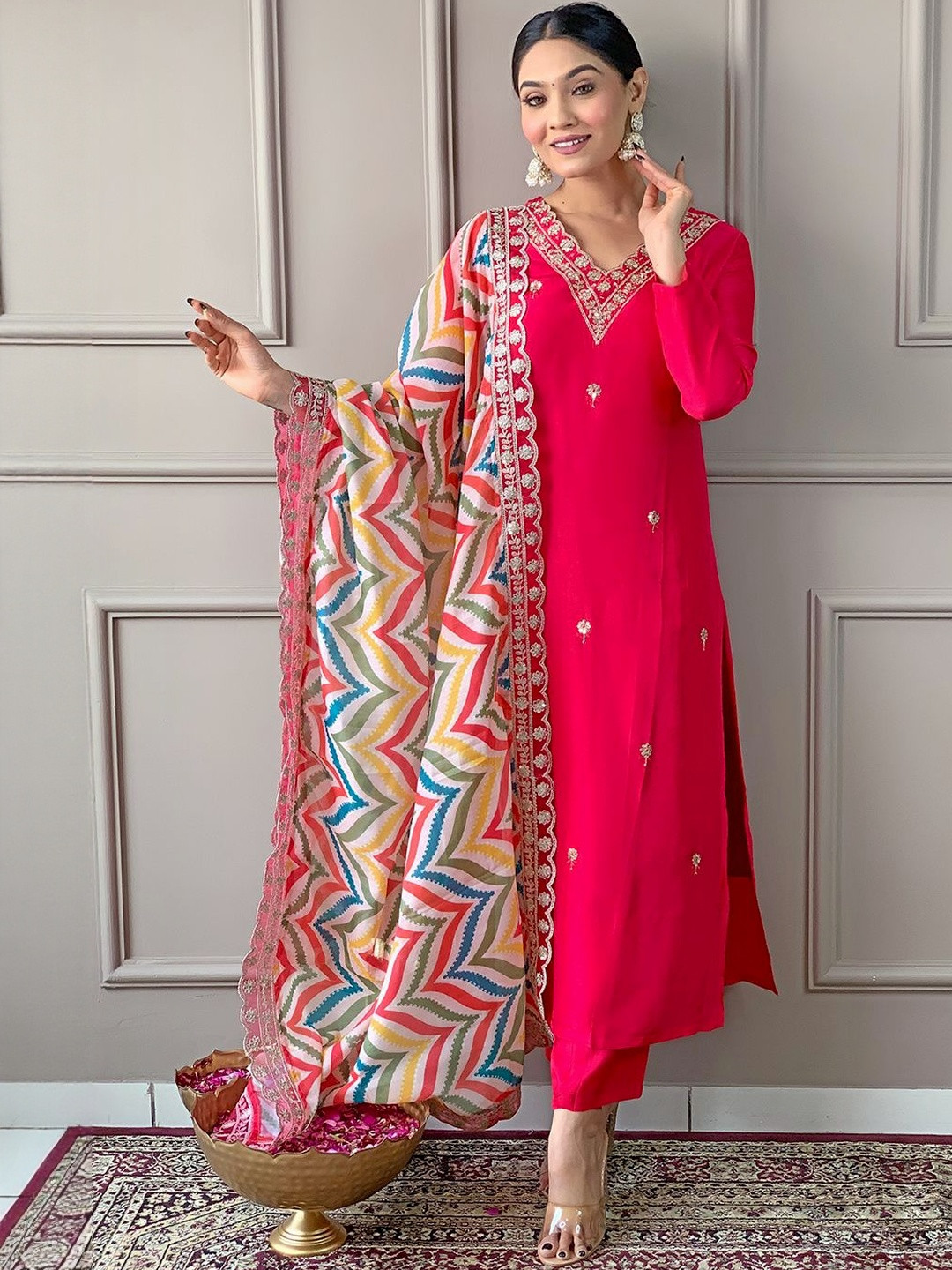 HERE&NOW Women Ethnic Motifs Embroidered Regular Kurta with Trousers & With Dupatta