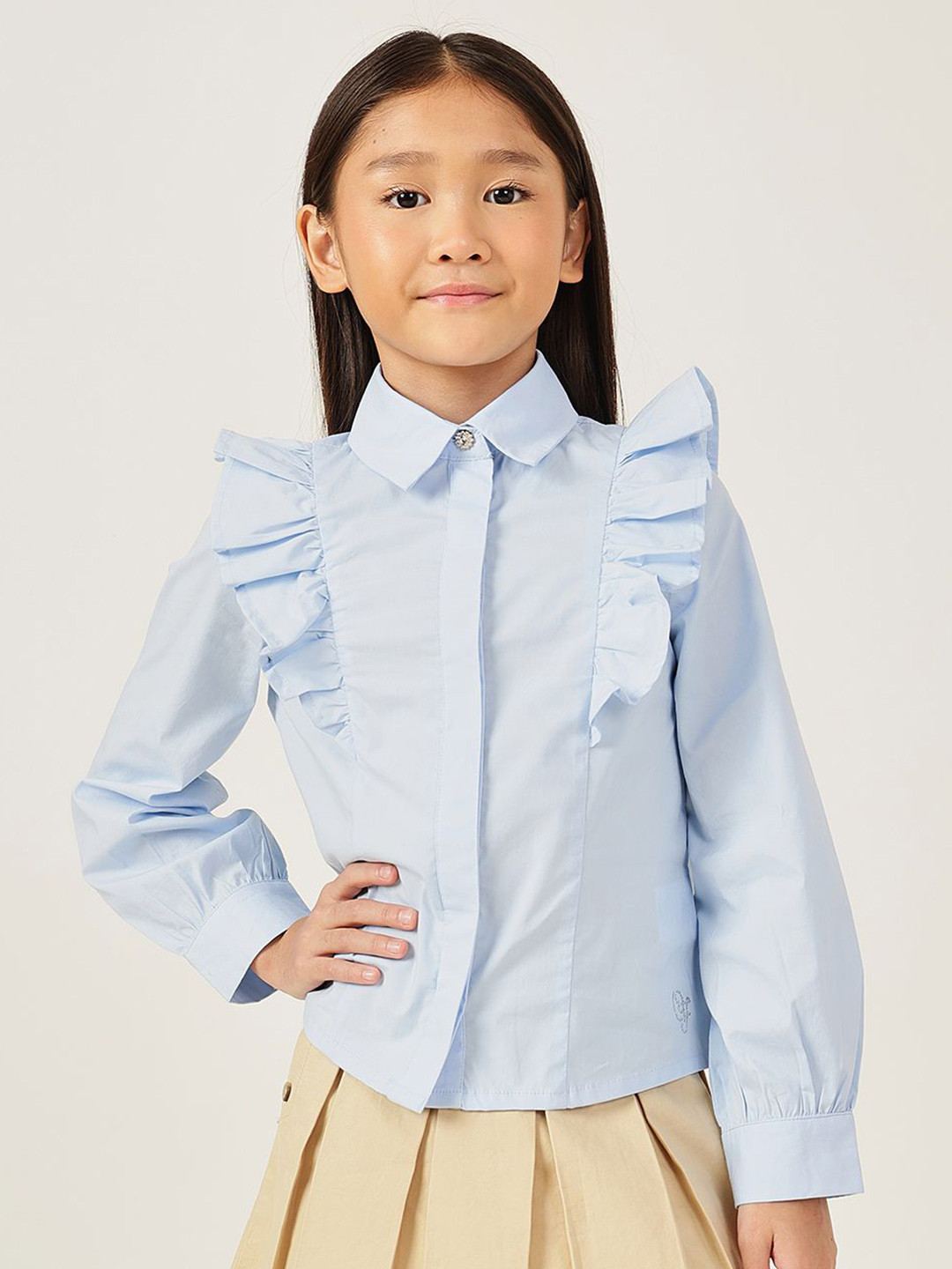 One Friday Girls Blue Woven Ruffle Shirt