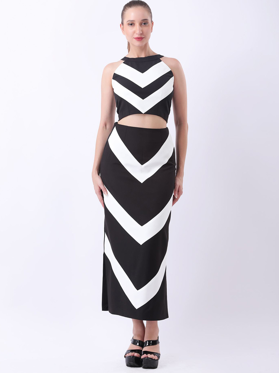 Fashion Gaiia Chevron Striped High Halter Neck Crop top With Maxi Skirt
