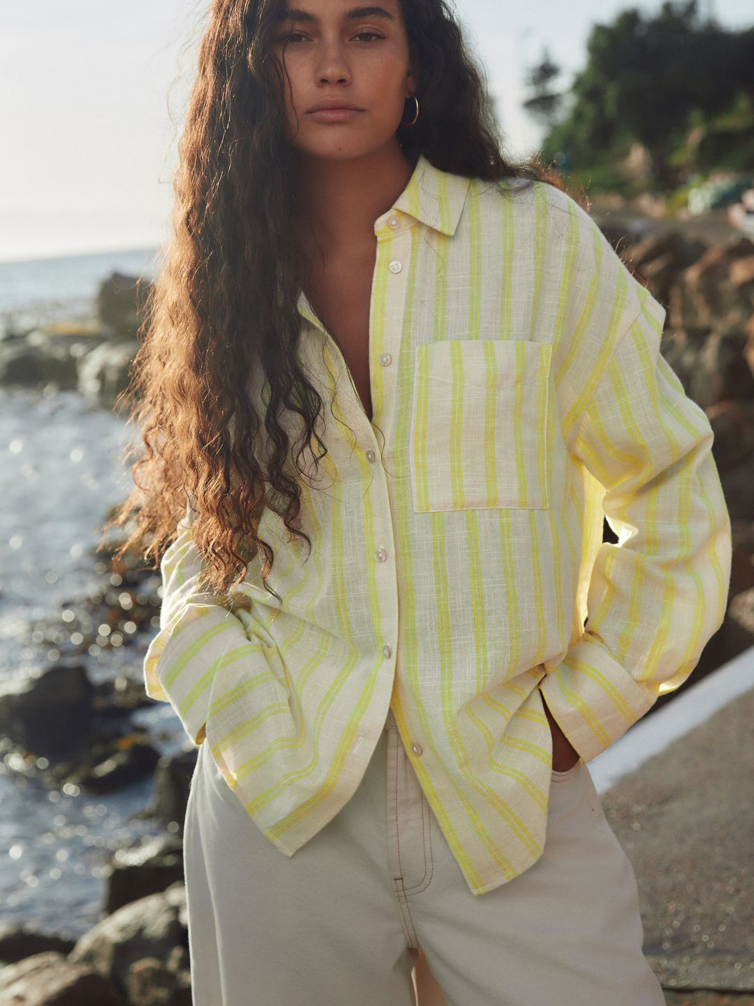 NEXT Striped Cotton Linen High Low Oversized Shirt