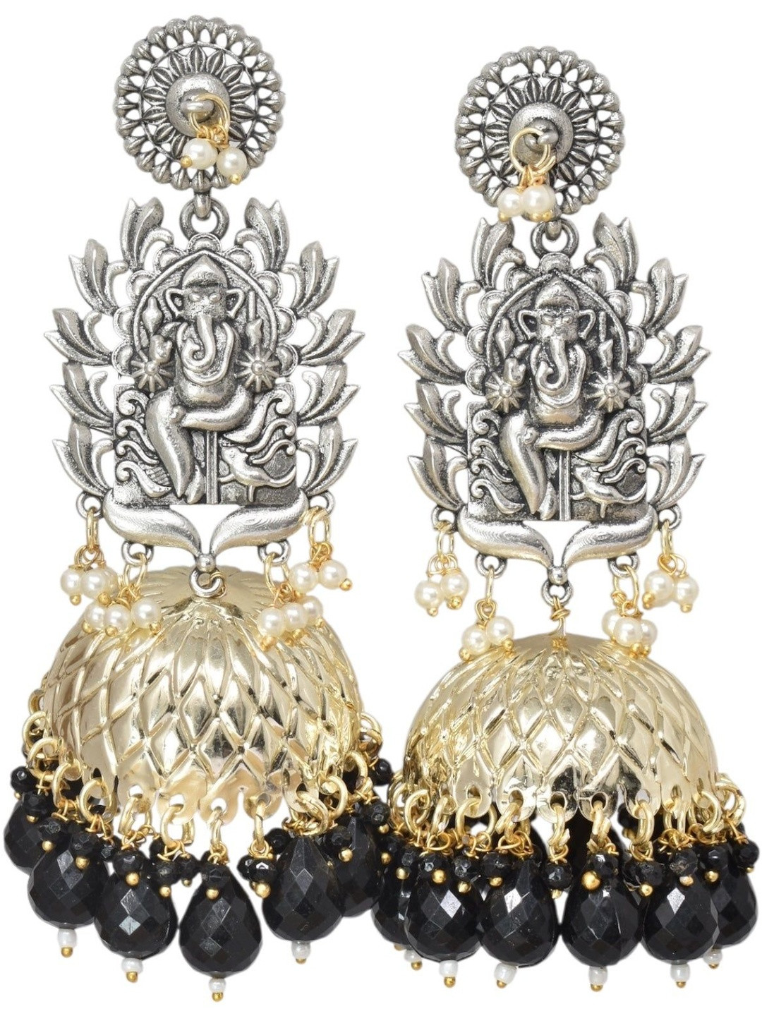 MEIRA JEWELLERY German Silver -Plated Beaded Dome Shaped Ganesh Ji Jhumkas