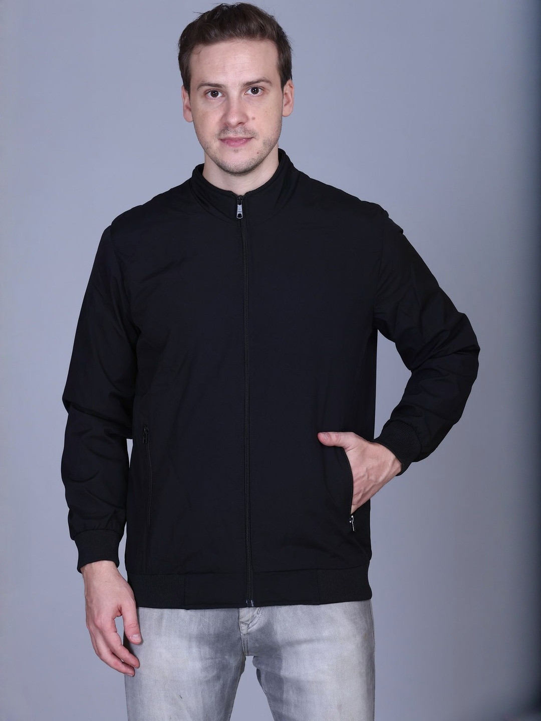 Roadster Men Black Mock Collar Long Sleeve Polyester Open Front Windcheater Jacket