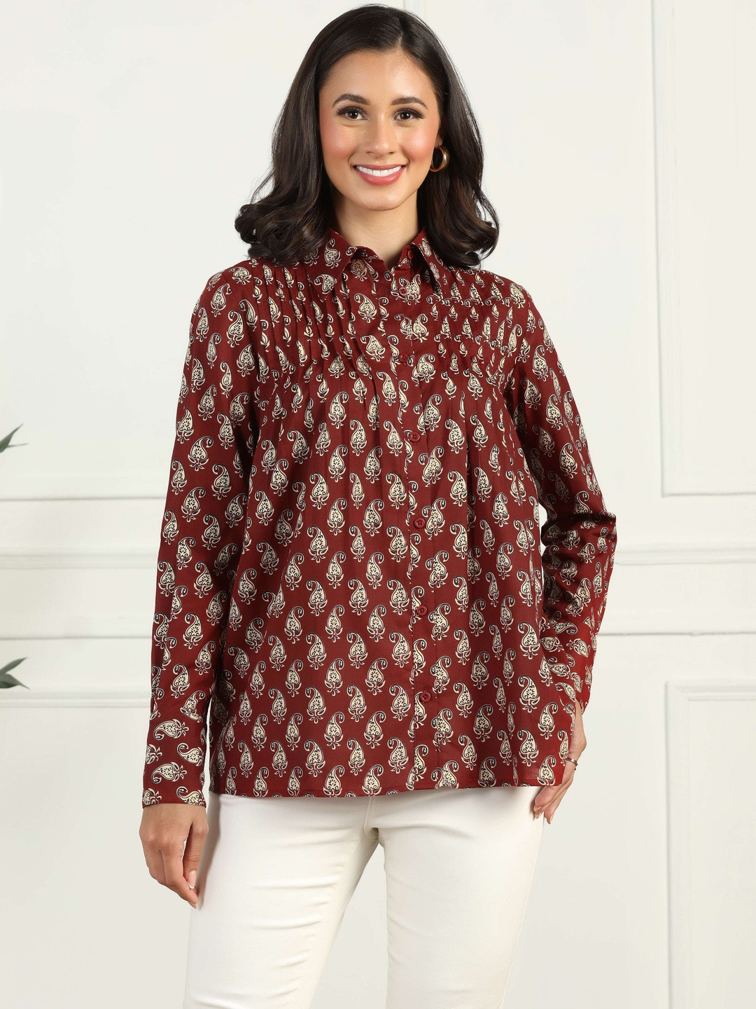 FLY STITCH Comfort Floral Printed Spread Collar Cotton Pleated Shirt