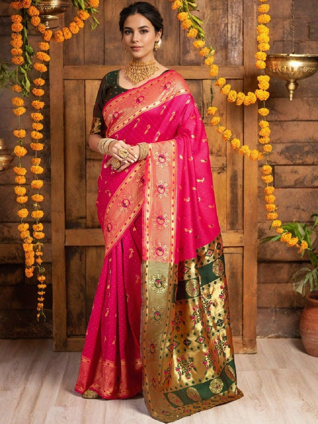 Suha Women Pink Art Silk Intricate Woven Design Saree
