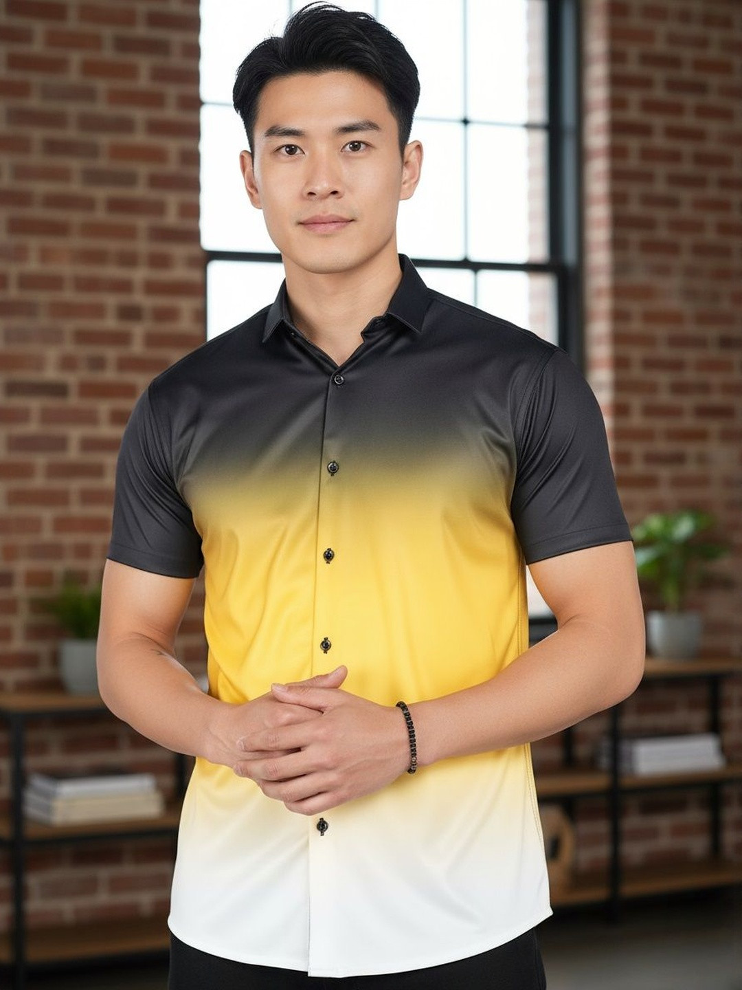 SZN Men Black & Yellow Faded Slim Collar Polyester Shirt