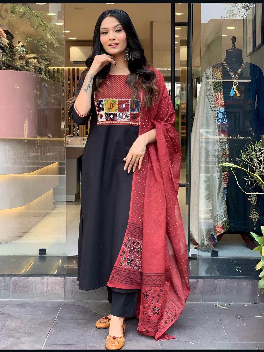 S.K.C Women Ethnic Motifs Yoke Design Mirror Work Kurta with Trousers & Dupatta