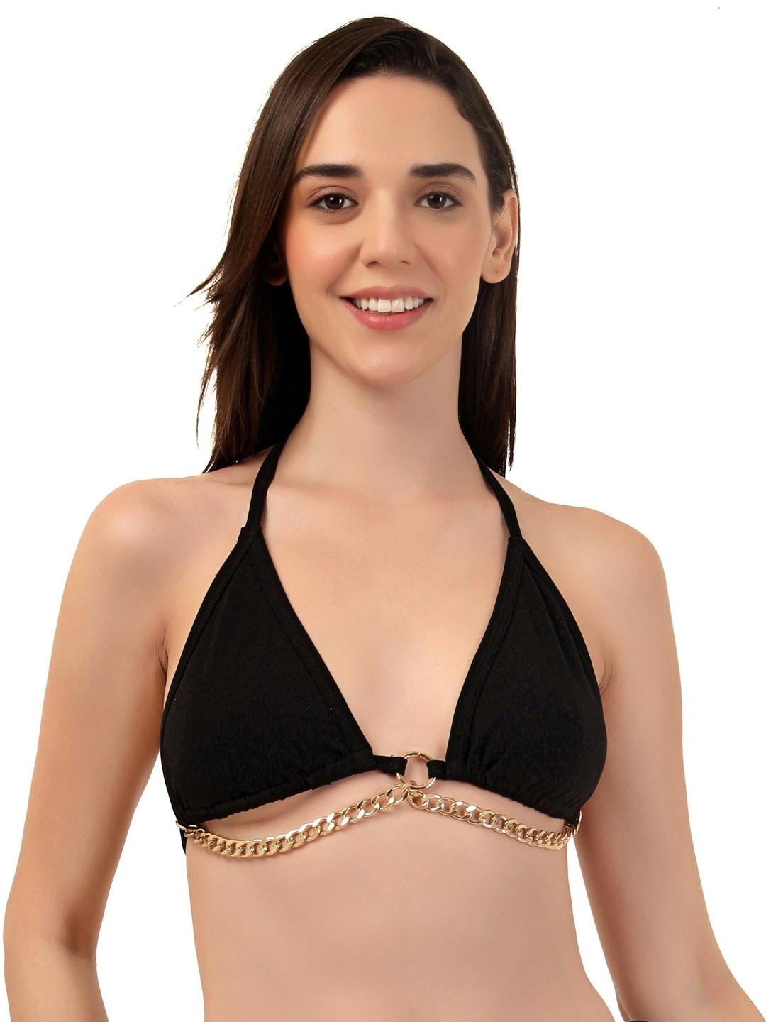 SELFCARE Half Coverage Halter Neck Gold Chain Detail Bra