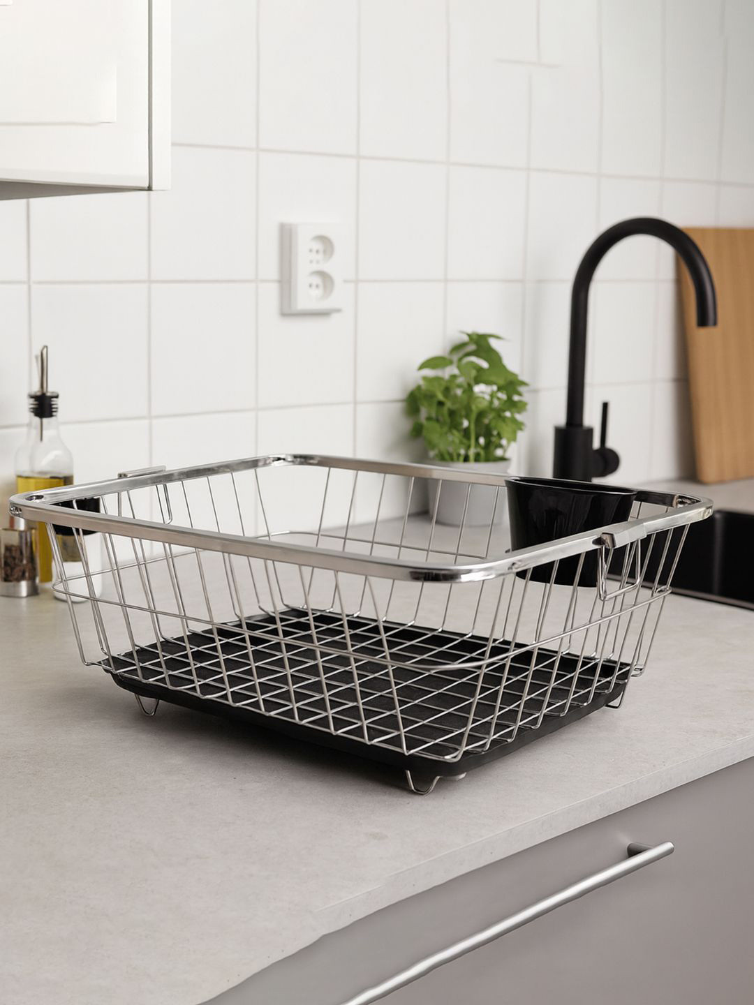 Kuber Industries Silver Toned Stainless Steel Dish rack With Handle & Draining Tray