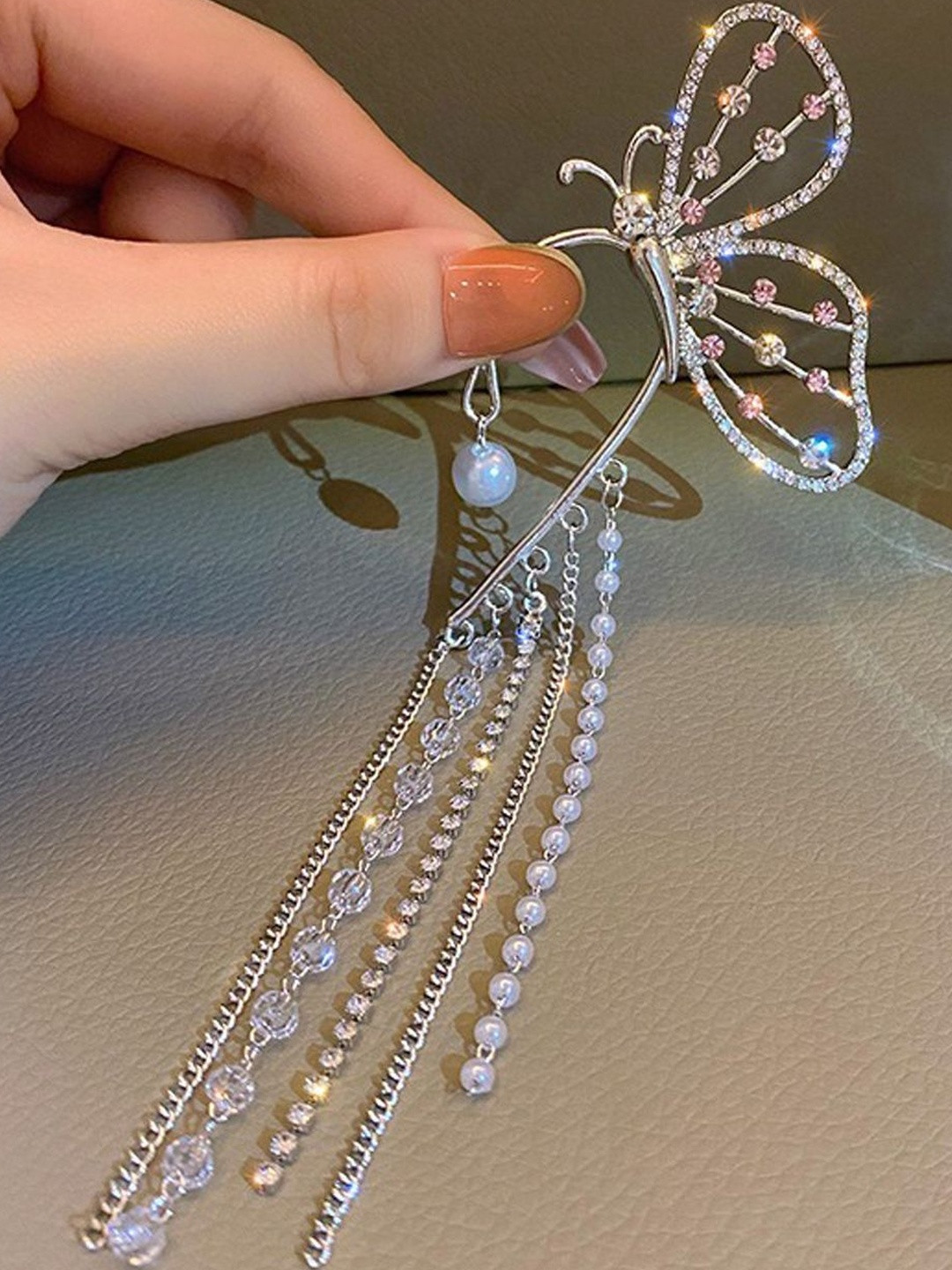 FIMBUL Silver-Plated Stones Studded & Beaded Long Chain Tassels Butterfly Design Ear Cuff