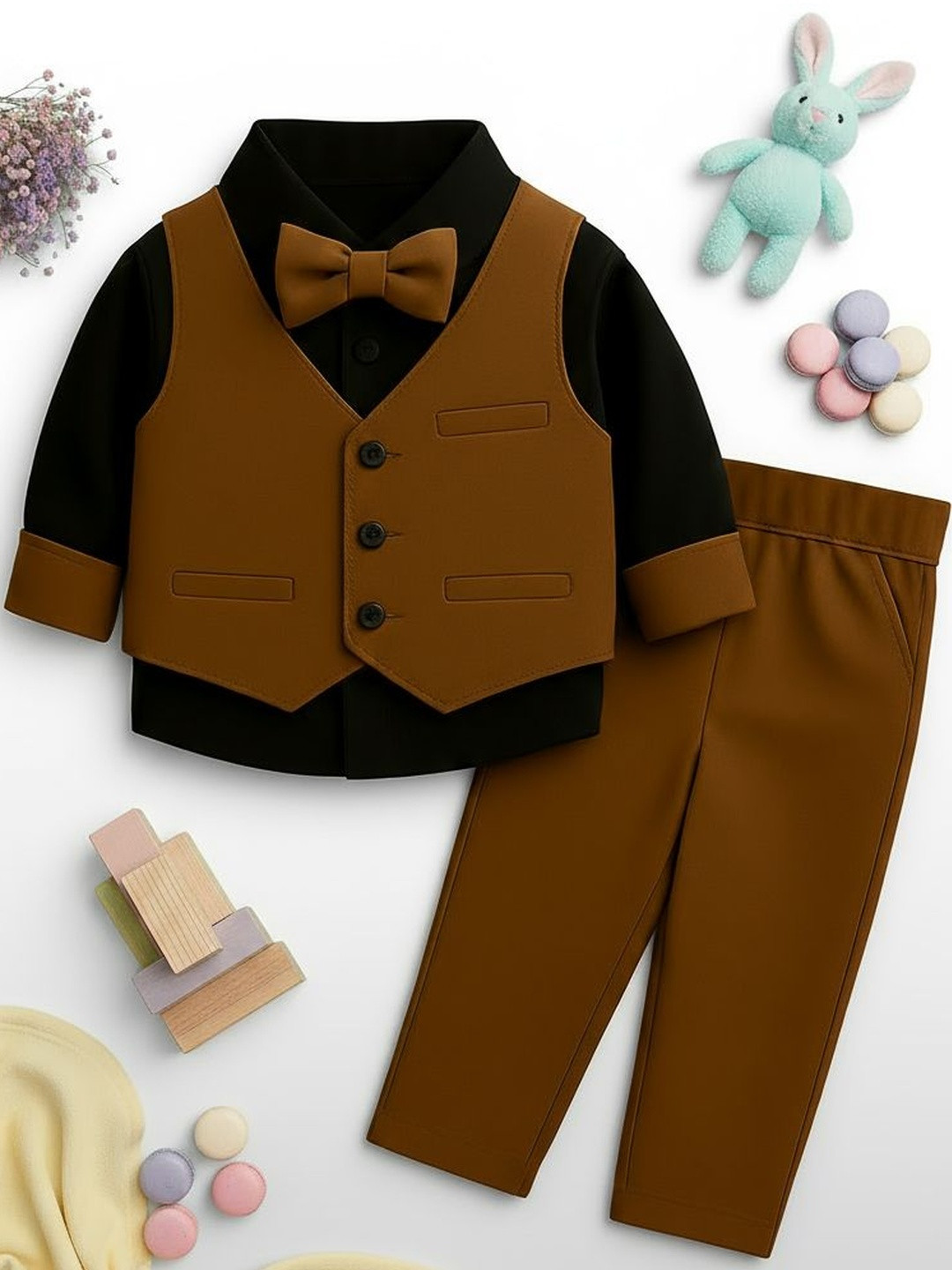 STINITY Boys Brown & Black Cotton Long Sleeves Shirt & Trouser With Waistcoat & Bow Tie